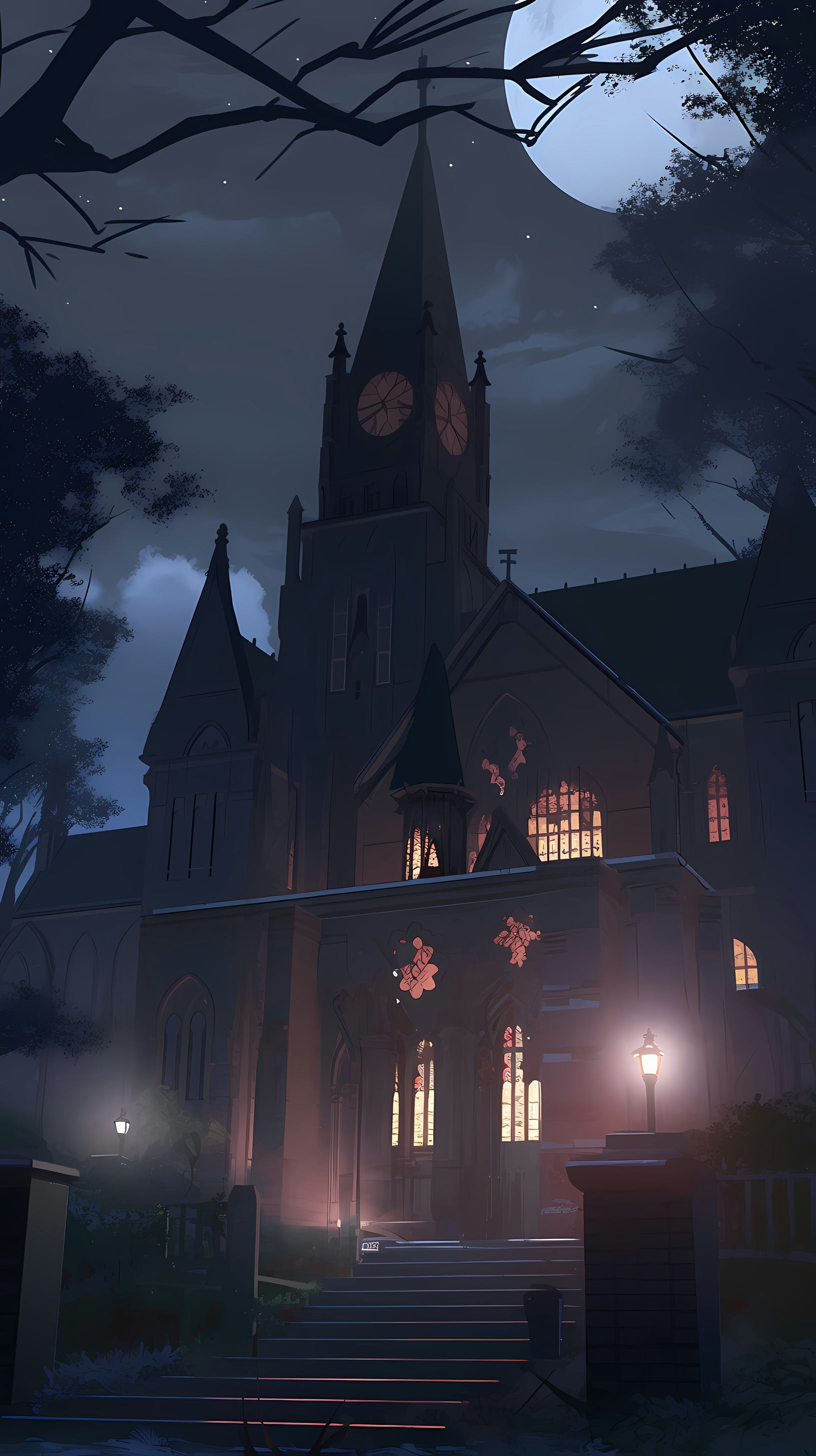 This anime wallpaper captures the essence of a spooky night at a haunted mansion