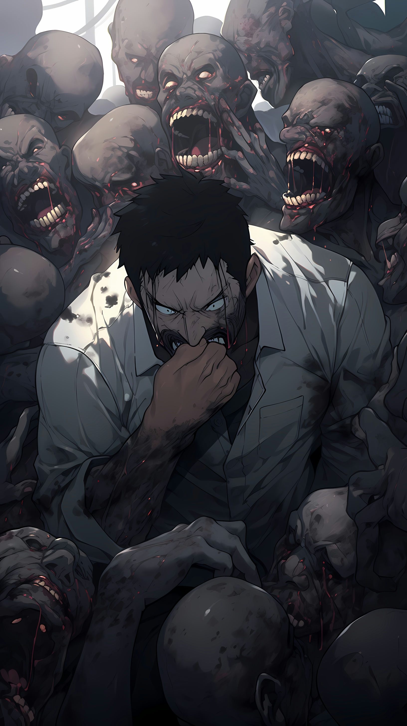 This anime wallpaper captures a dramatic and intense scene featuring a central character surrounded by a horde of eerie, menacing figures