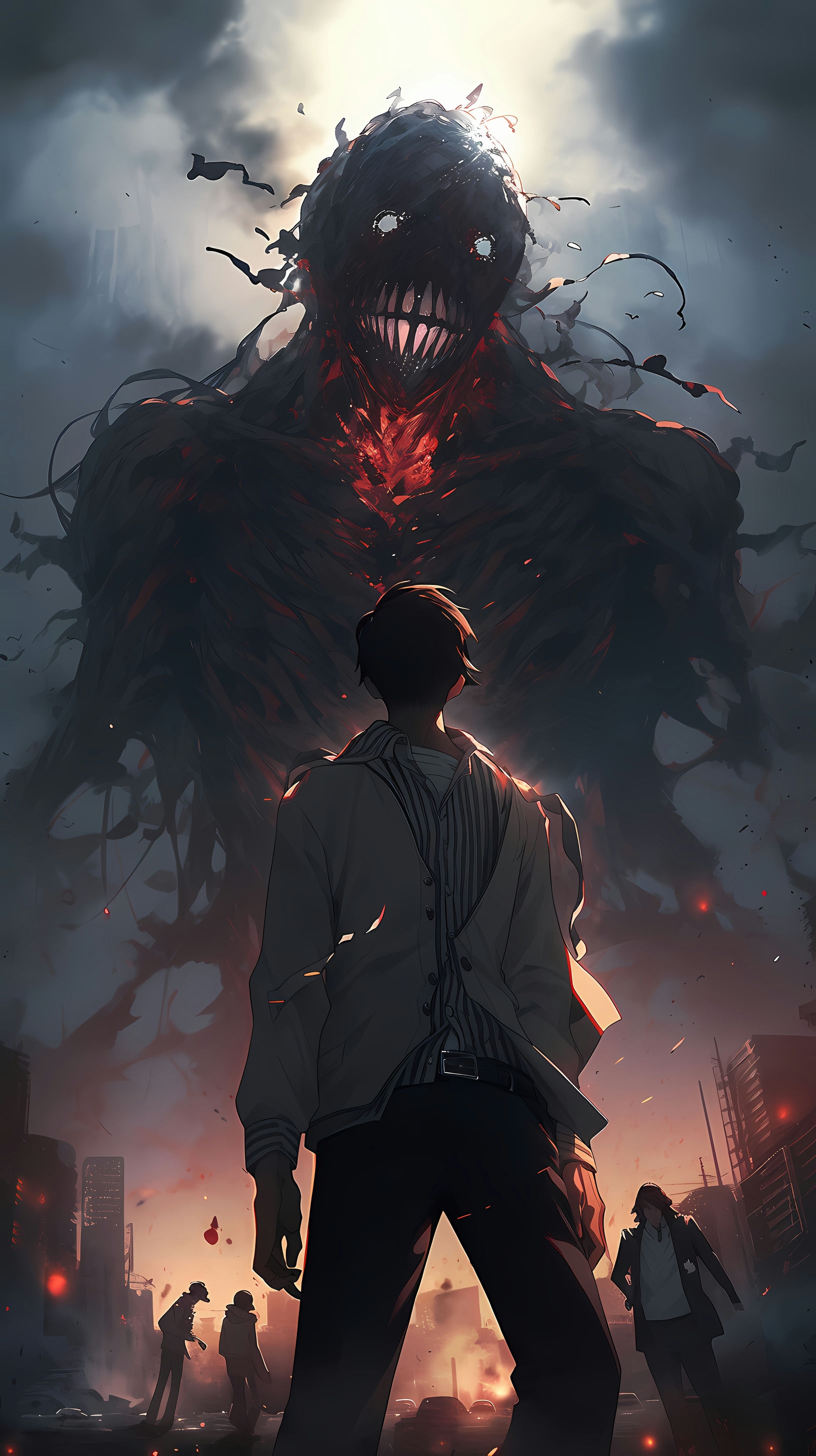 This anime wallpaper captures a dramatic and intense scene featuring a dark, menacing figure towering over a lone individual