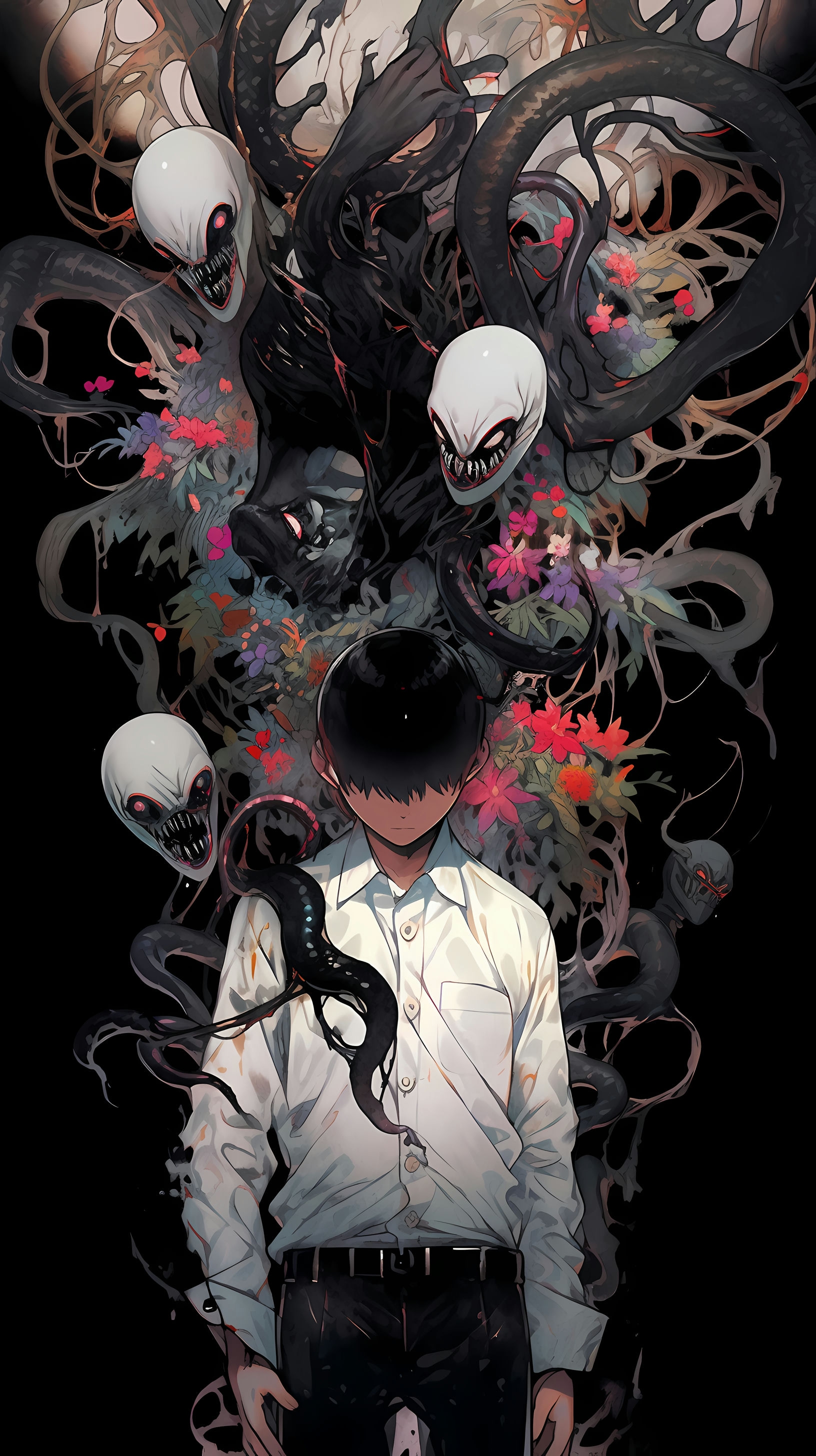 This captivating anime wallpaper features a mysterious young man standing amidst a dark and eerie atmosphere