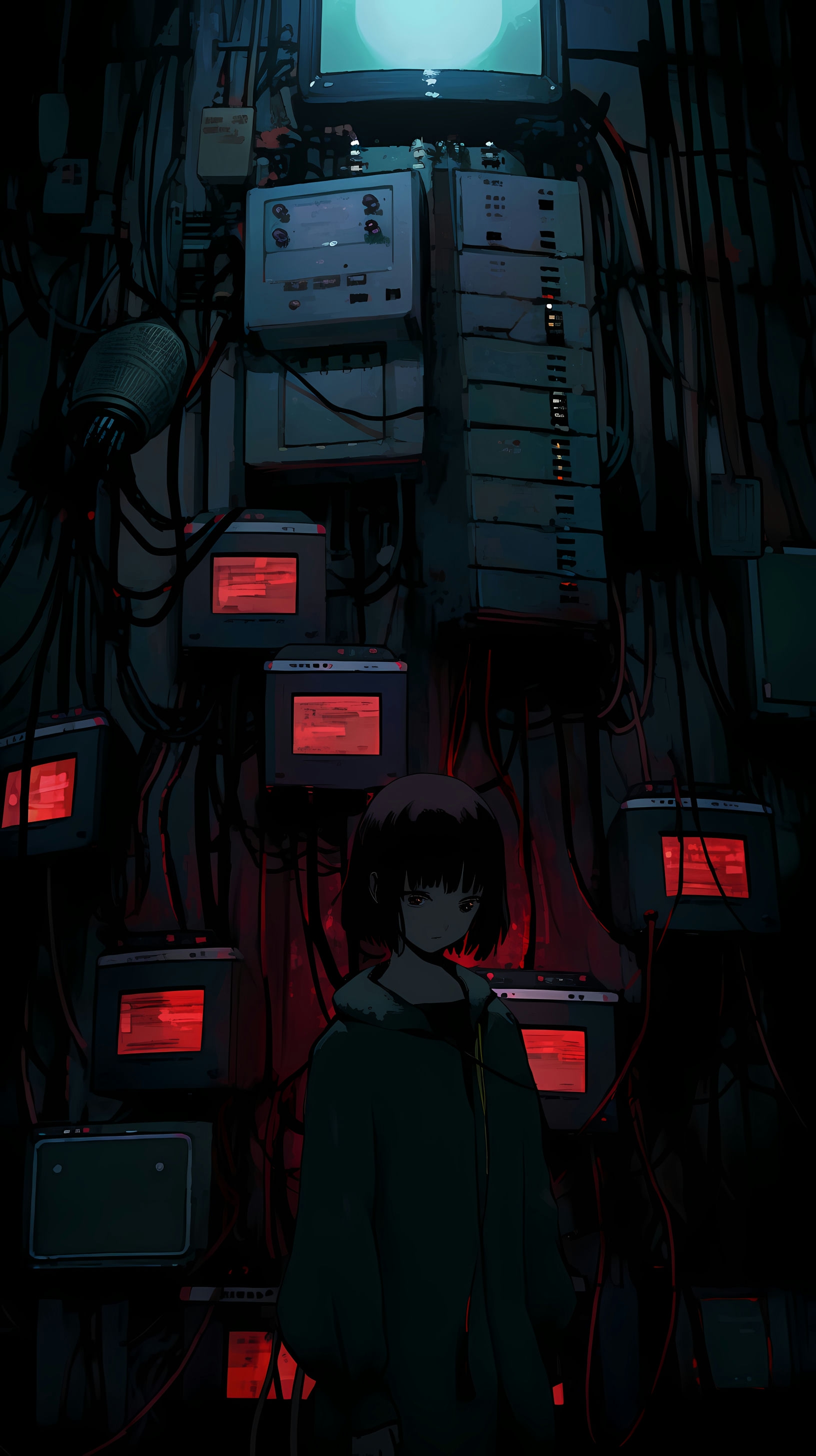 This captivating anime wallpaper depicts a lone figure navigating through a labyrinthine network of dark, industrial corridors