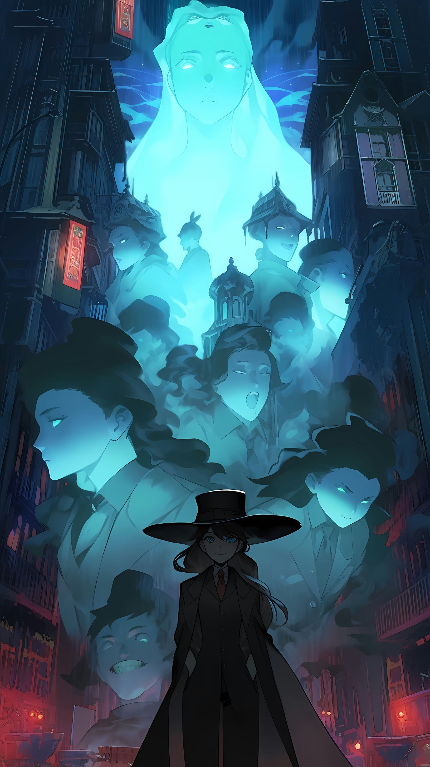 This anime wallpaper depicts a surreal and eerie scene set in a dark, atmospheric cityscape