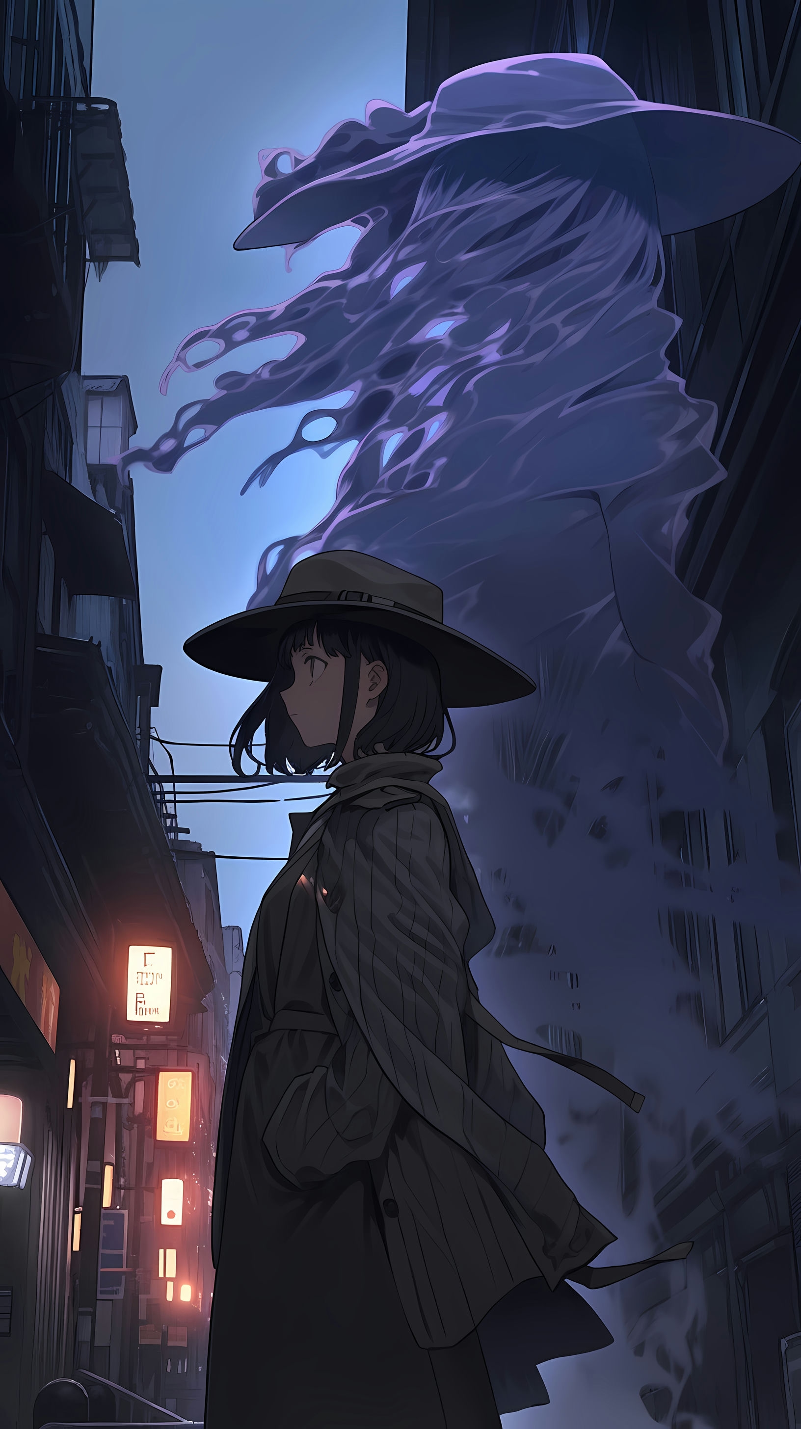 This anime wallpaper captures a hauntingly surreal scene set in an urban environment