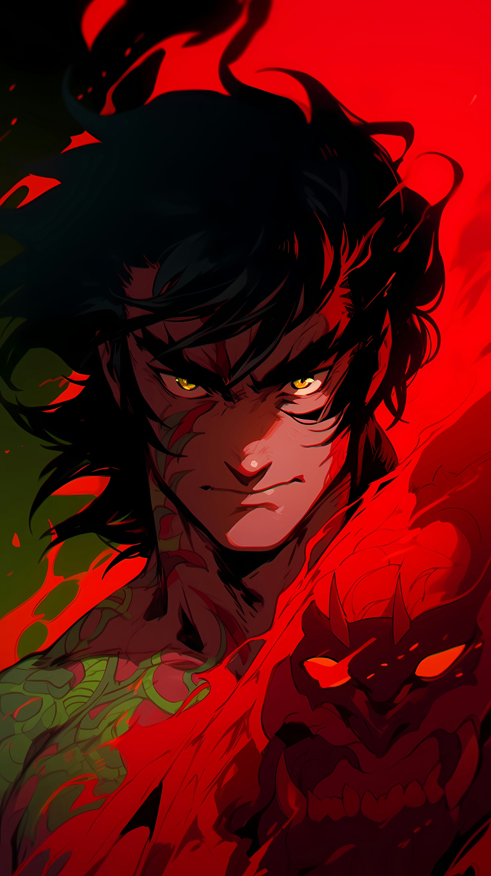 This anime wallpaper features a striking and intense depiction of a character from the series 'Devilman Apocalypse