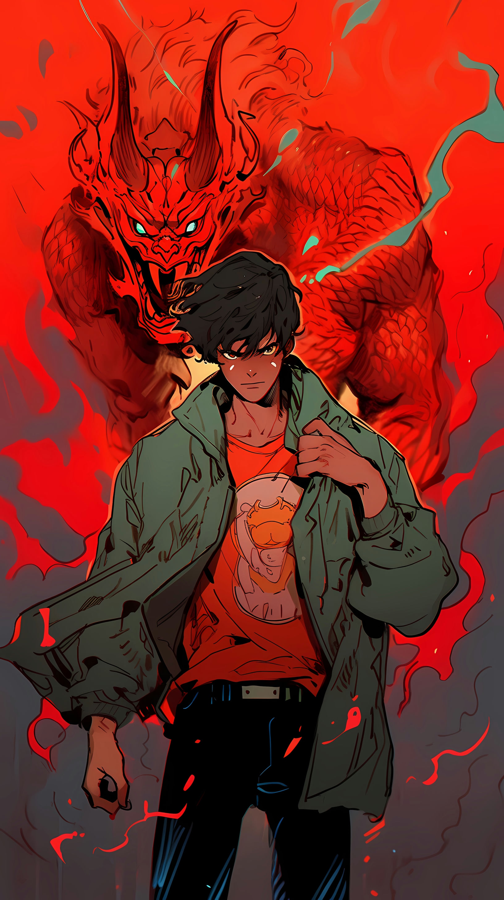 This anime wallpaper features a dramatic and intense scene from the Devilman series
