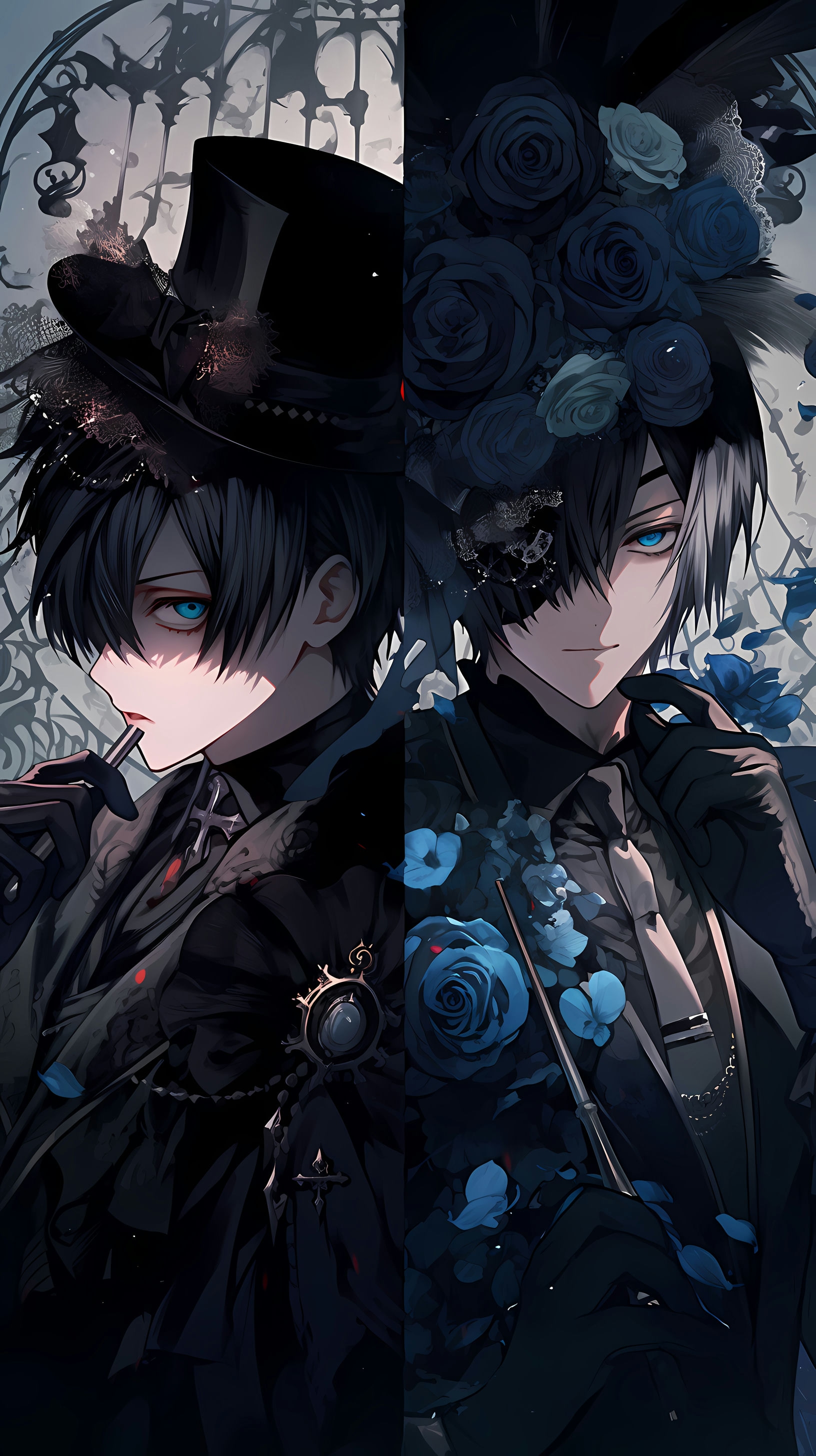This captivating anime wallpaper features two enigmatic black butlers standing against a dark, ornate background adorned with intricate floral patterns