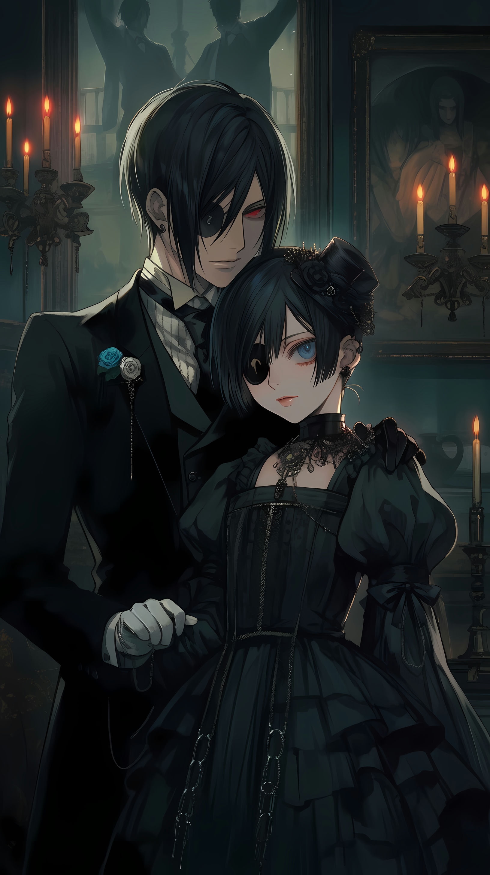 This enchanting anime wallpaper captures a mysterious and romantic gothic scene