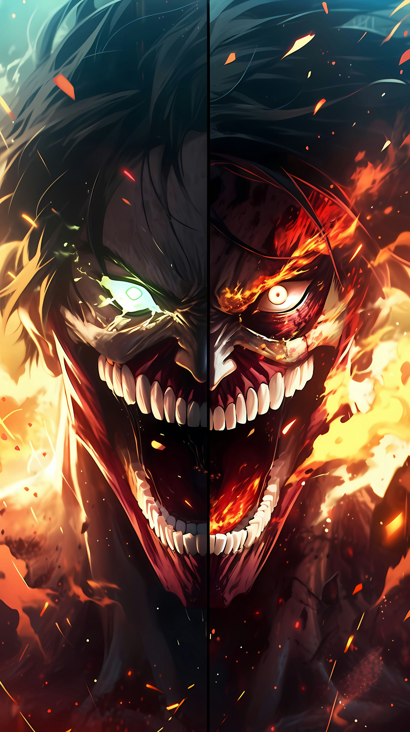 This anime wallpaper captures the intense and dramatic battle between Eren Jaeger and the Titans from the popular series 'Attack on Titan