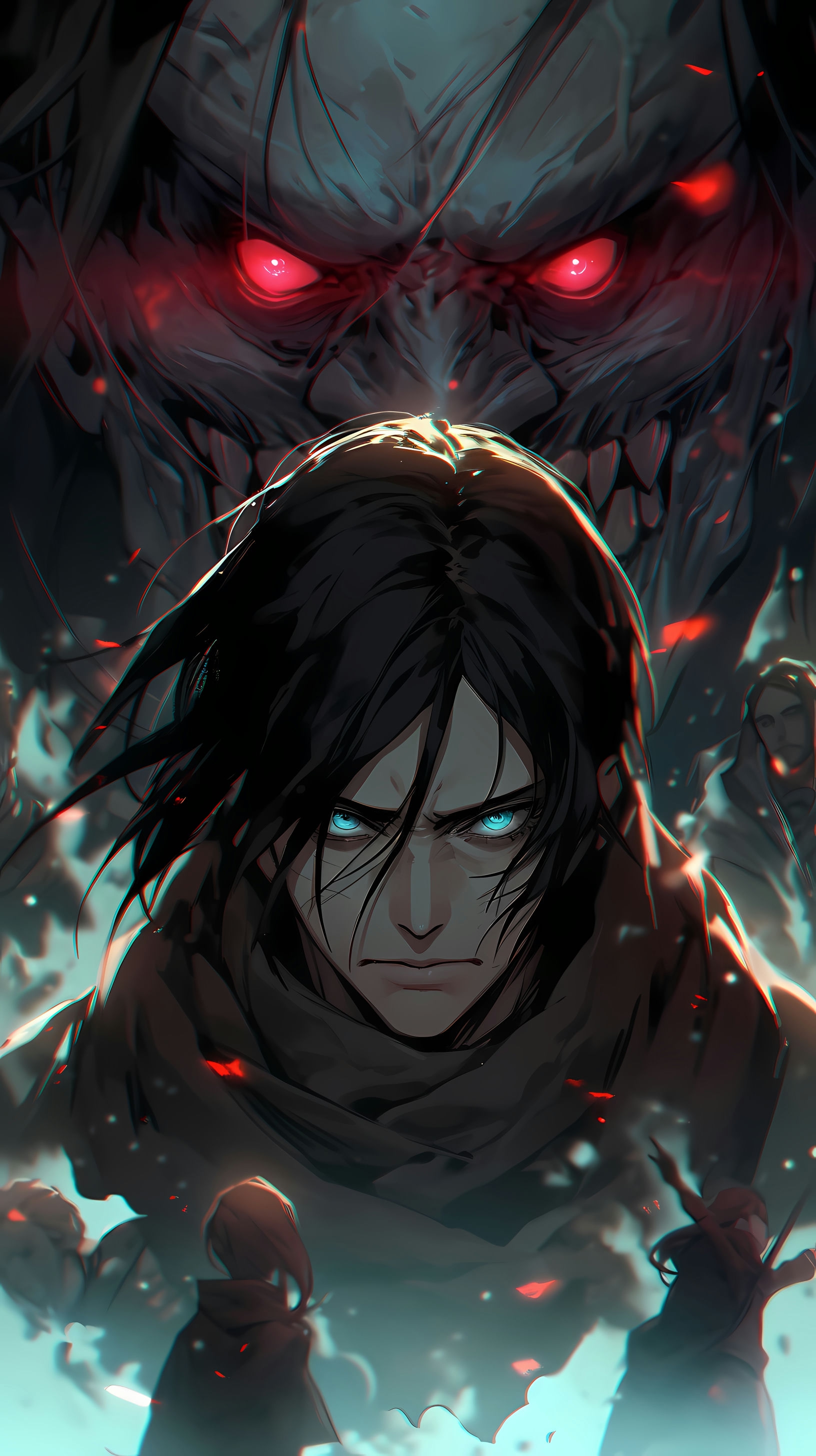 This anime wallpaper captures a dramatic and intense scene from a popular anime series
