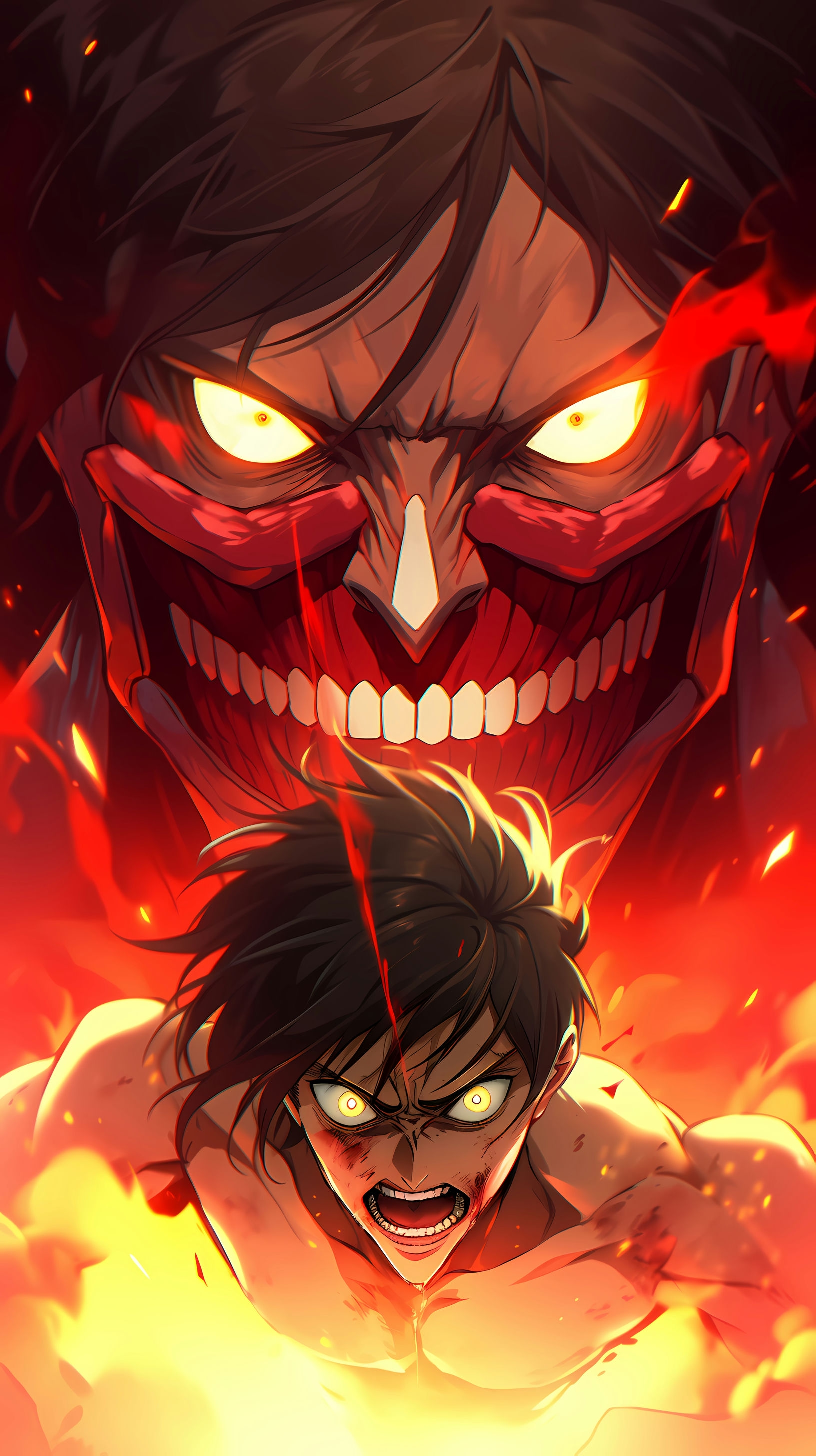 This anime wallpaper captures the intense and chilling essence of the popular series 'Attack on Titan
