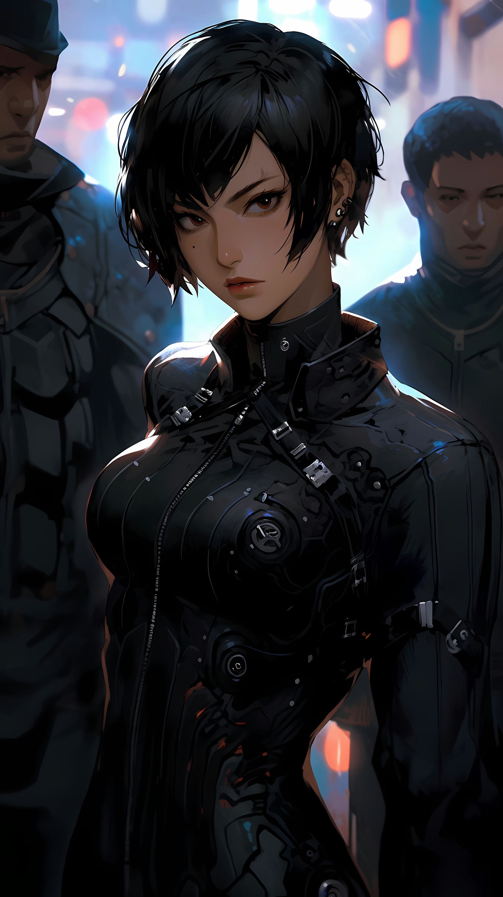 This anime wallpaper features a striking and intense scene from a futuristic anime series