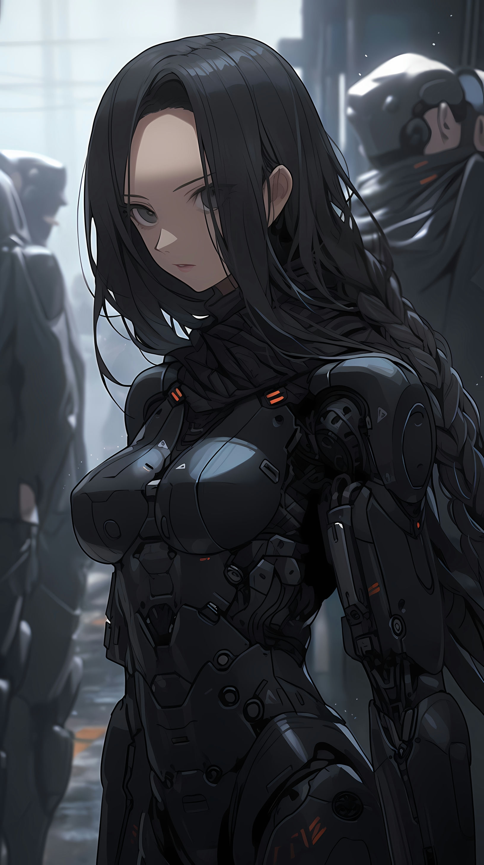 This anime wallpaper features a mysterious and formidable character clad in sleek, black armor, exuding an aura of danger and intrigue