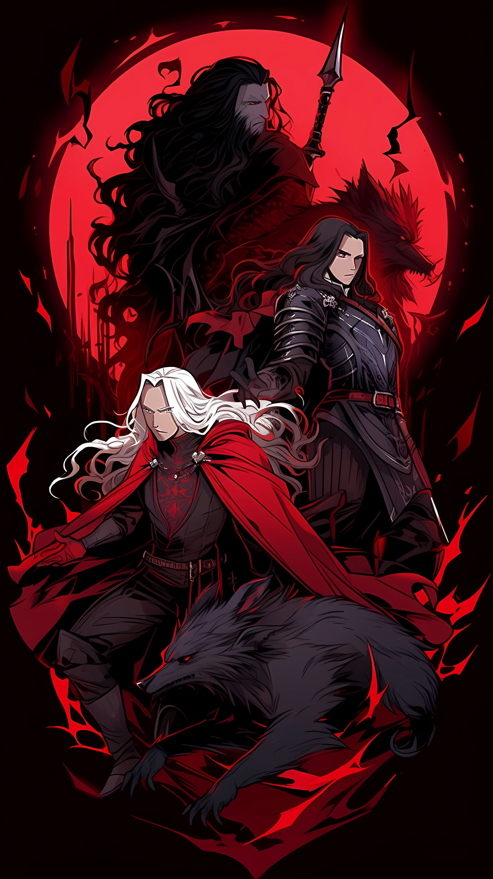 This anime wallpaper captures the intense and dramatic confrontation between the iconic Belmont family and the legendary vampire lord, Dracula