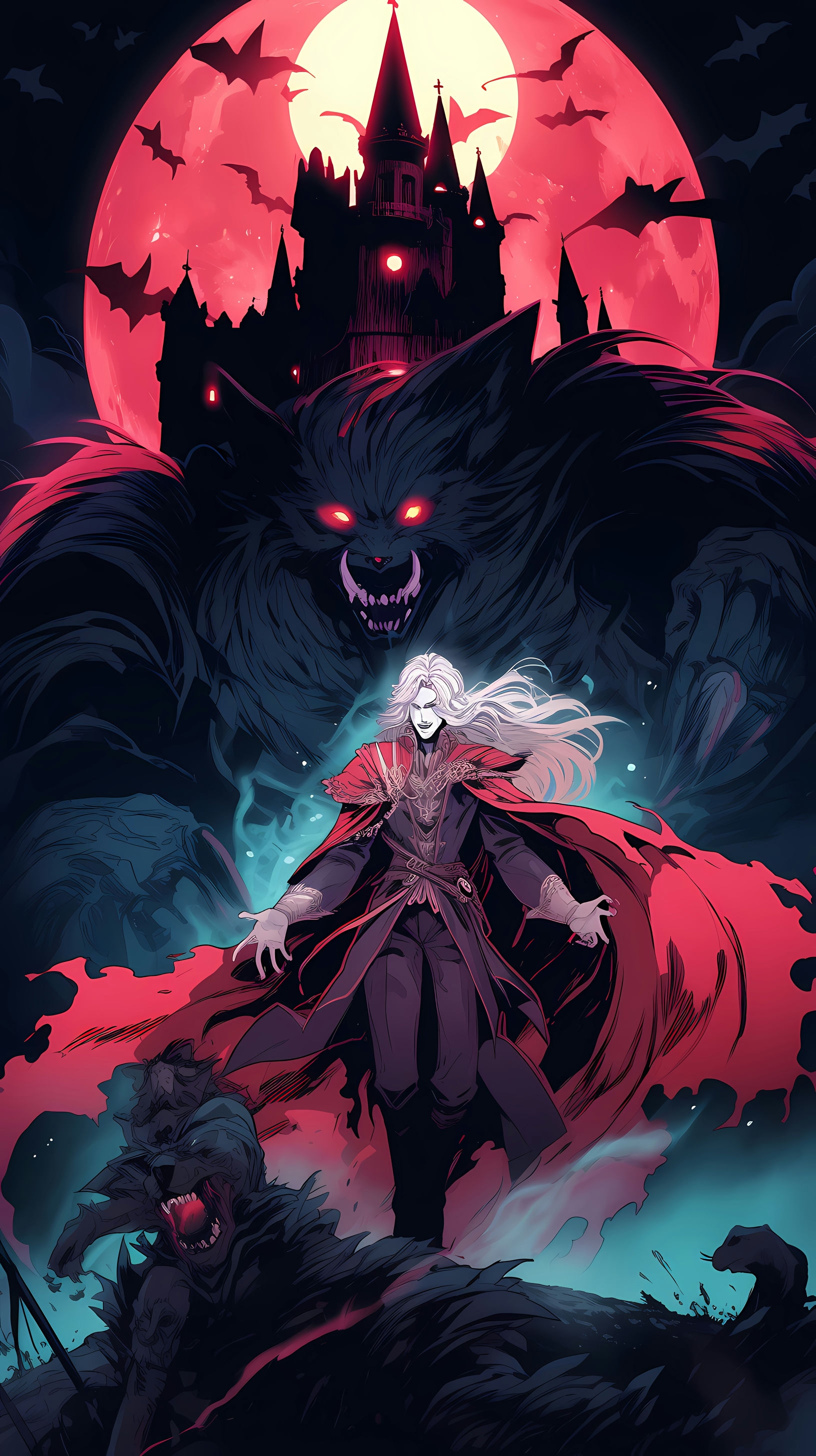 This captivating anime wallpaper showcases a dark and mystical atmosphere, featuring a menacing werewolf and a mysterious figure in a red cloak