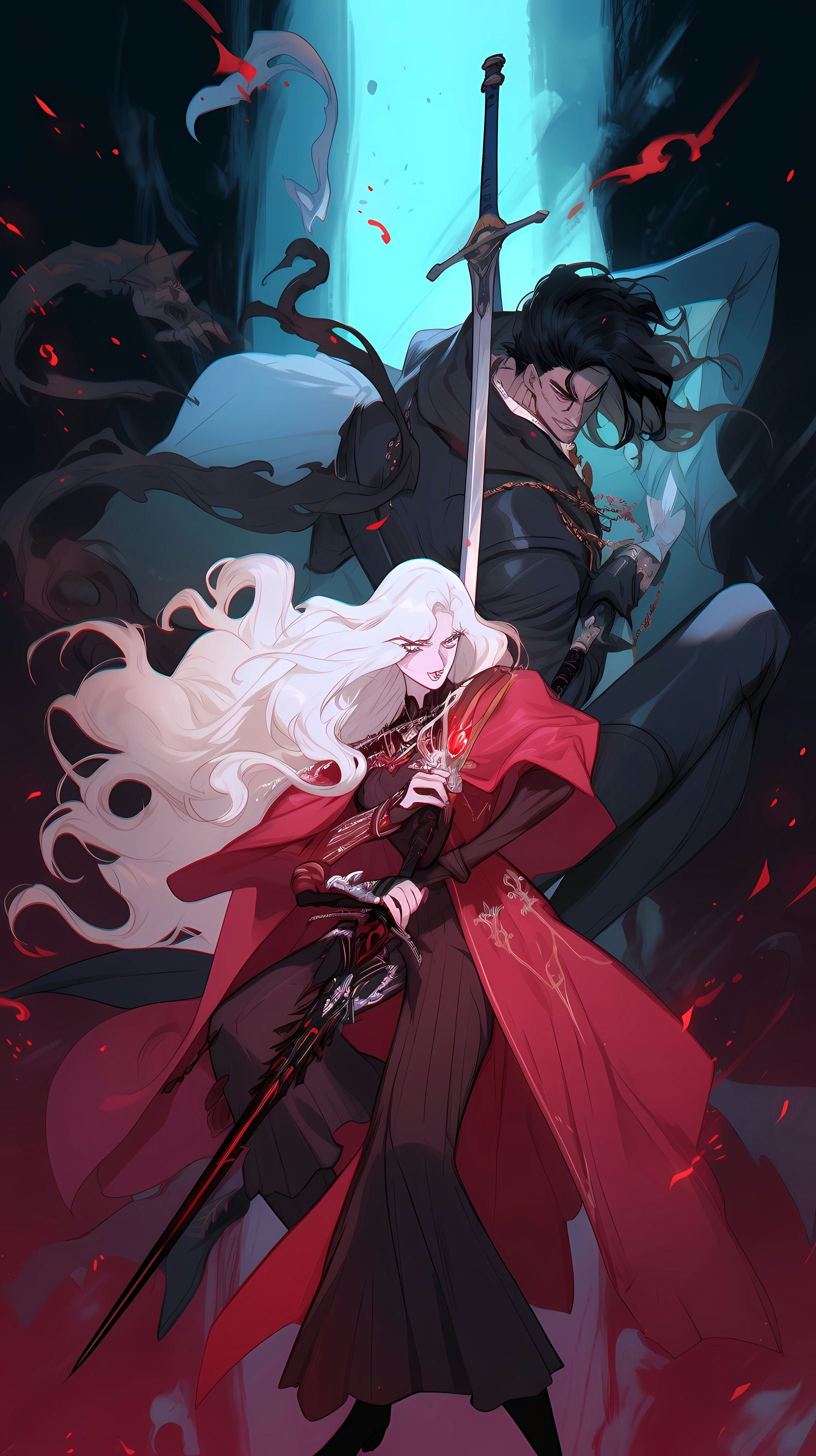 This anime wallpaper captures a dramatic and intense scene from Castlevania