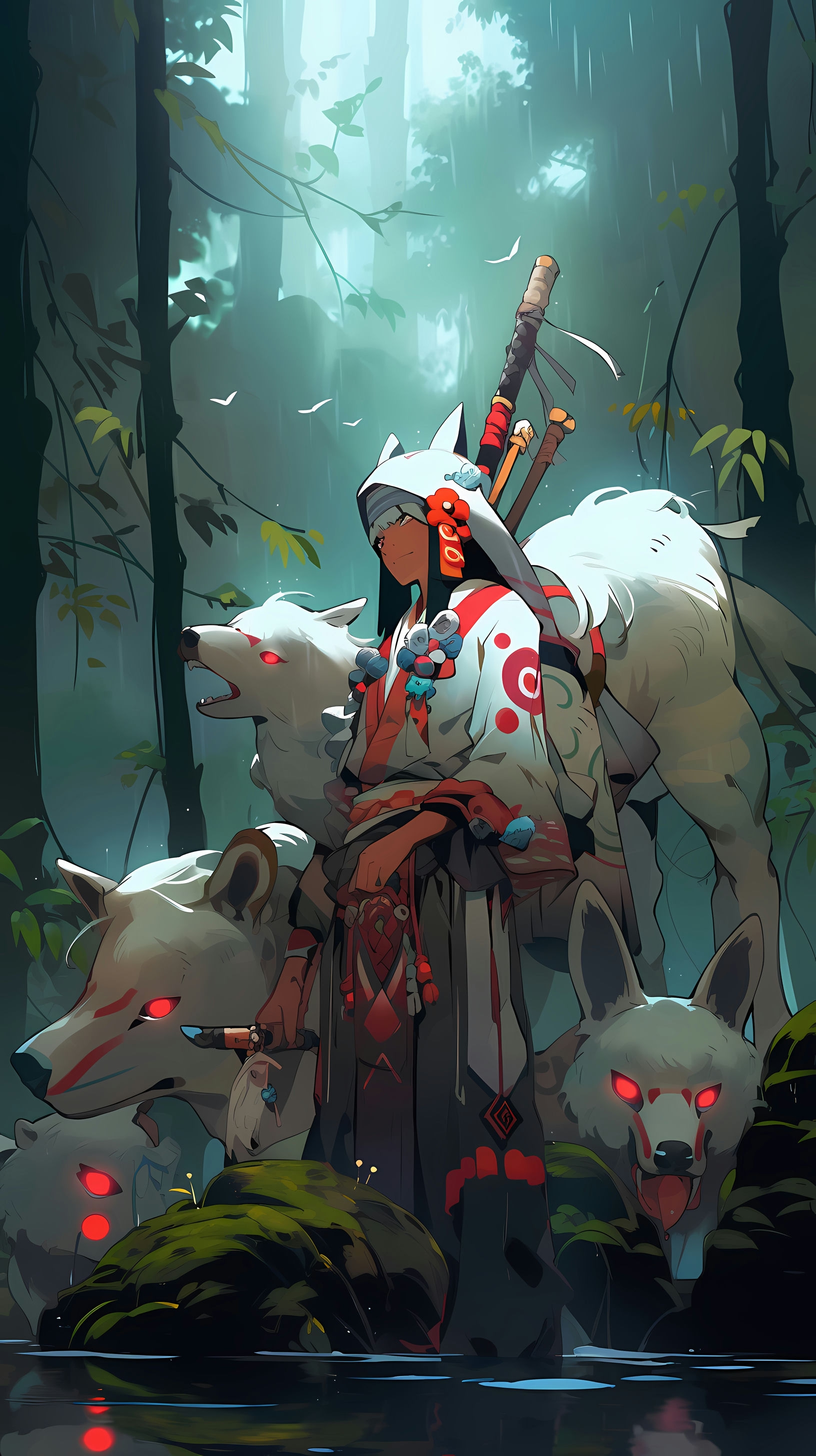 This anime wallpaper features a mystical scene set in a dense, foggy forest