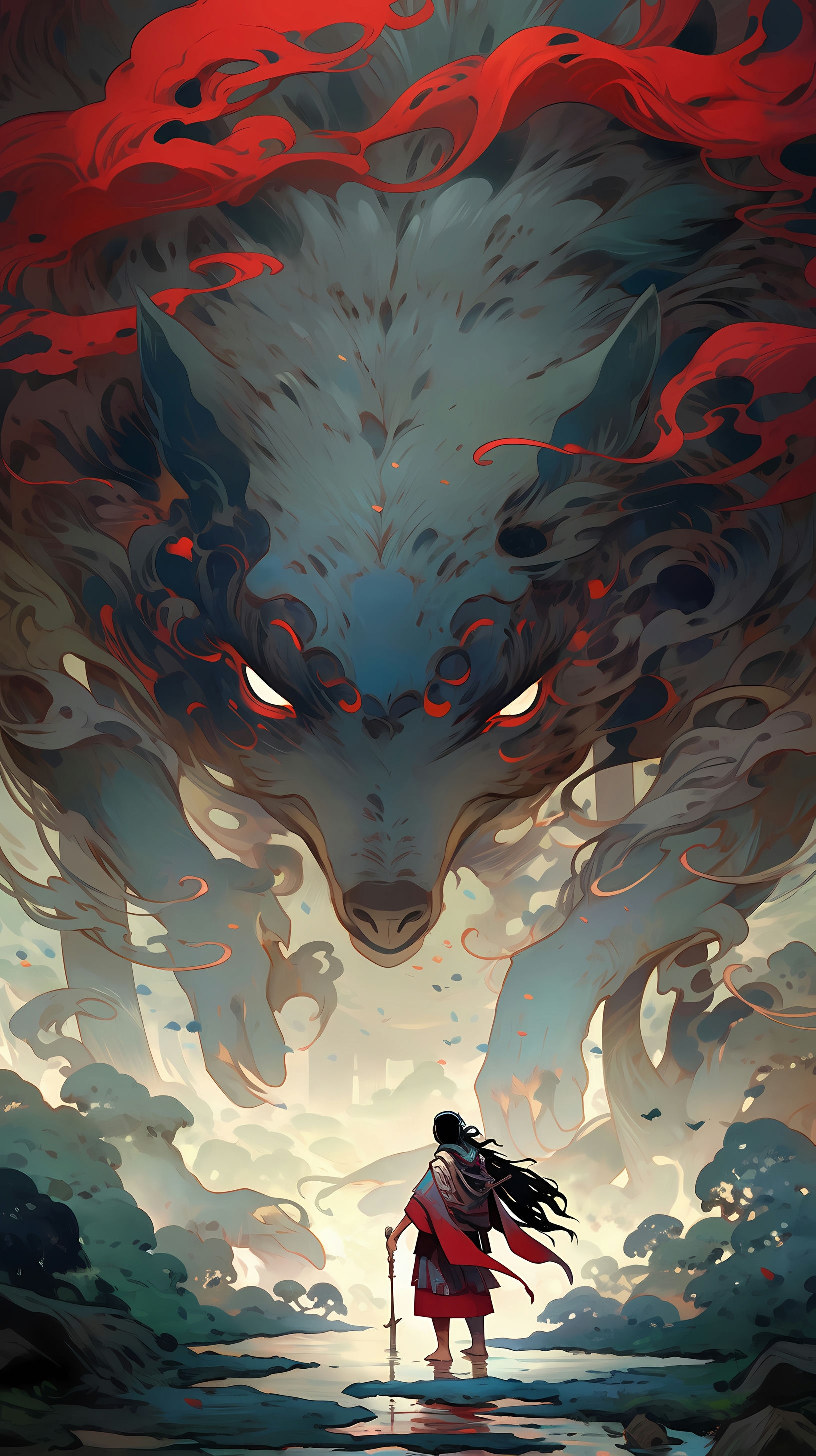 This captivating anime wallpaper features a dramatic scene with a towering, menacing figure of a demonic creature looming in the background