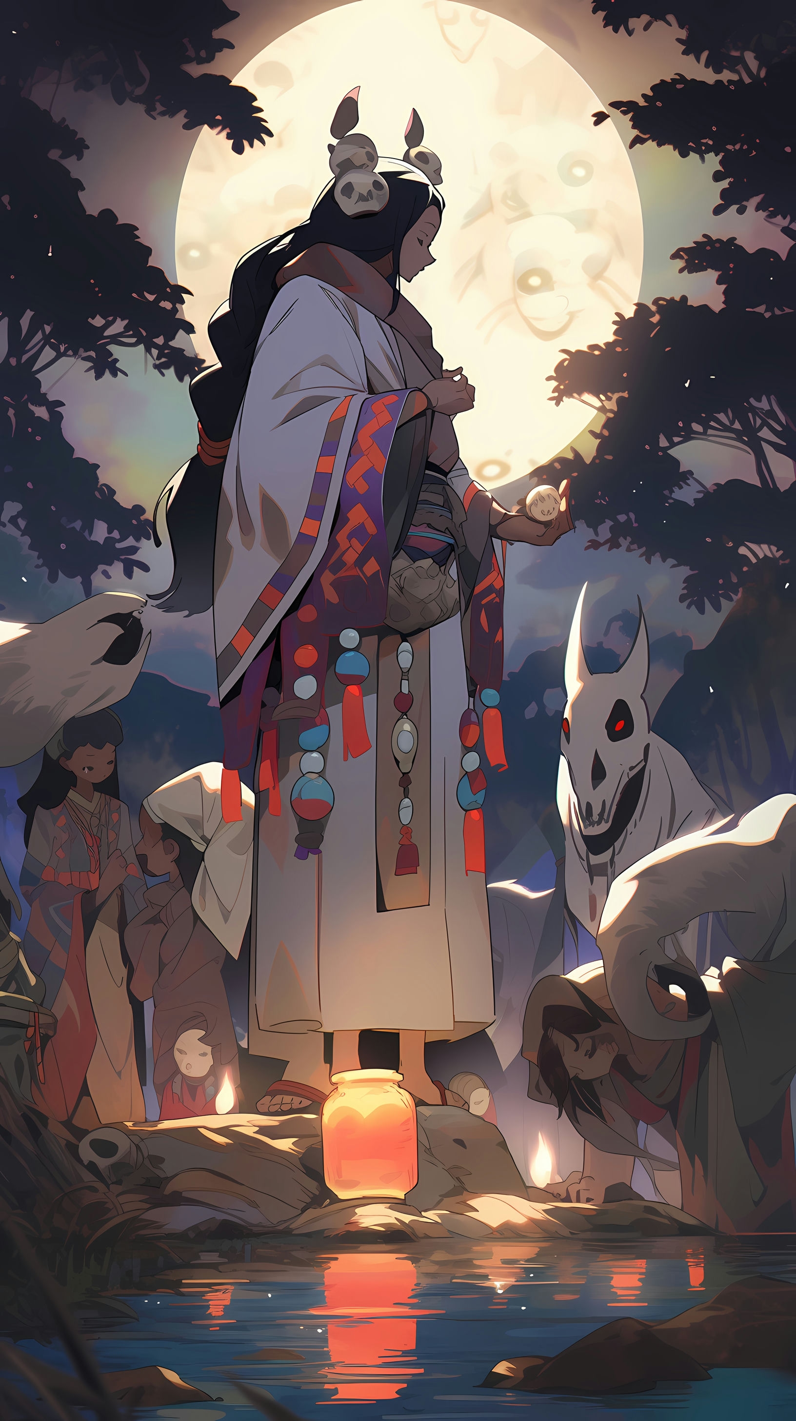 This anime wallpaper captures a mystical and serene scene under the moonlight