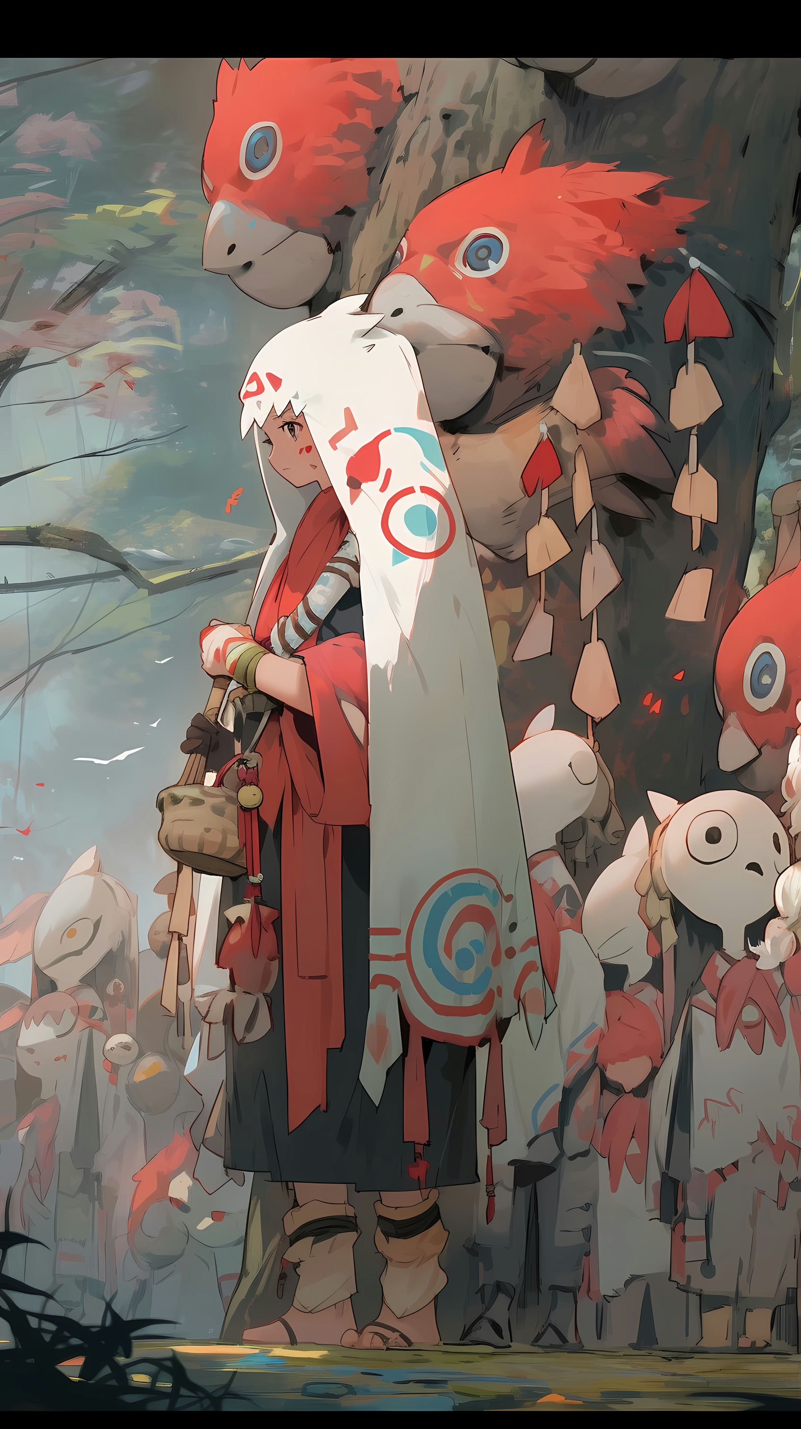 This anime wallpaper features a mystical scene with a medicine seller surrounded by a multitude of red and white fox spirits, known as Mononoke