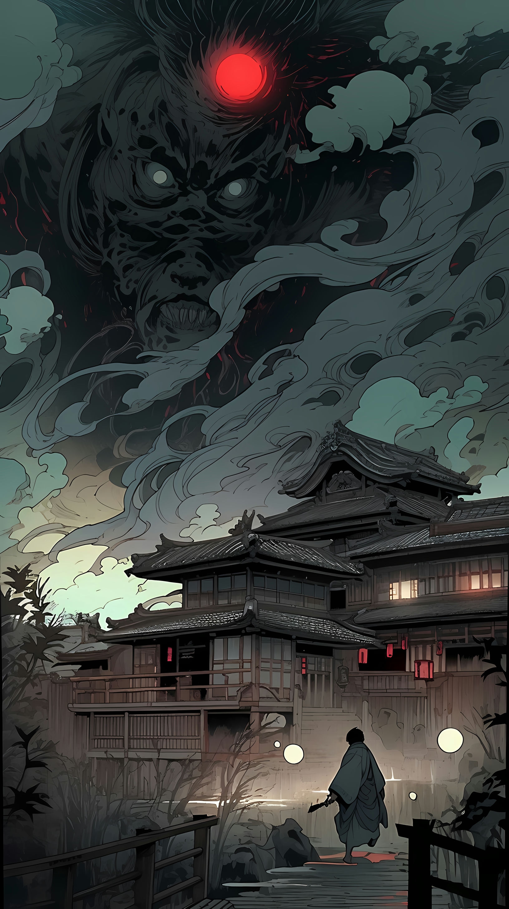 This anime wallpaper captures the essence of traditional Japanese architecture under a dark, stormy sky
