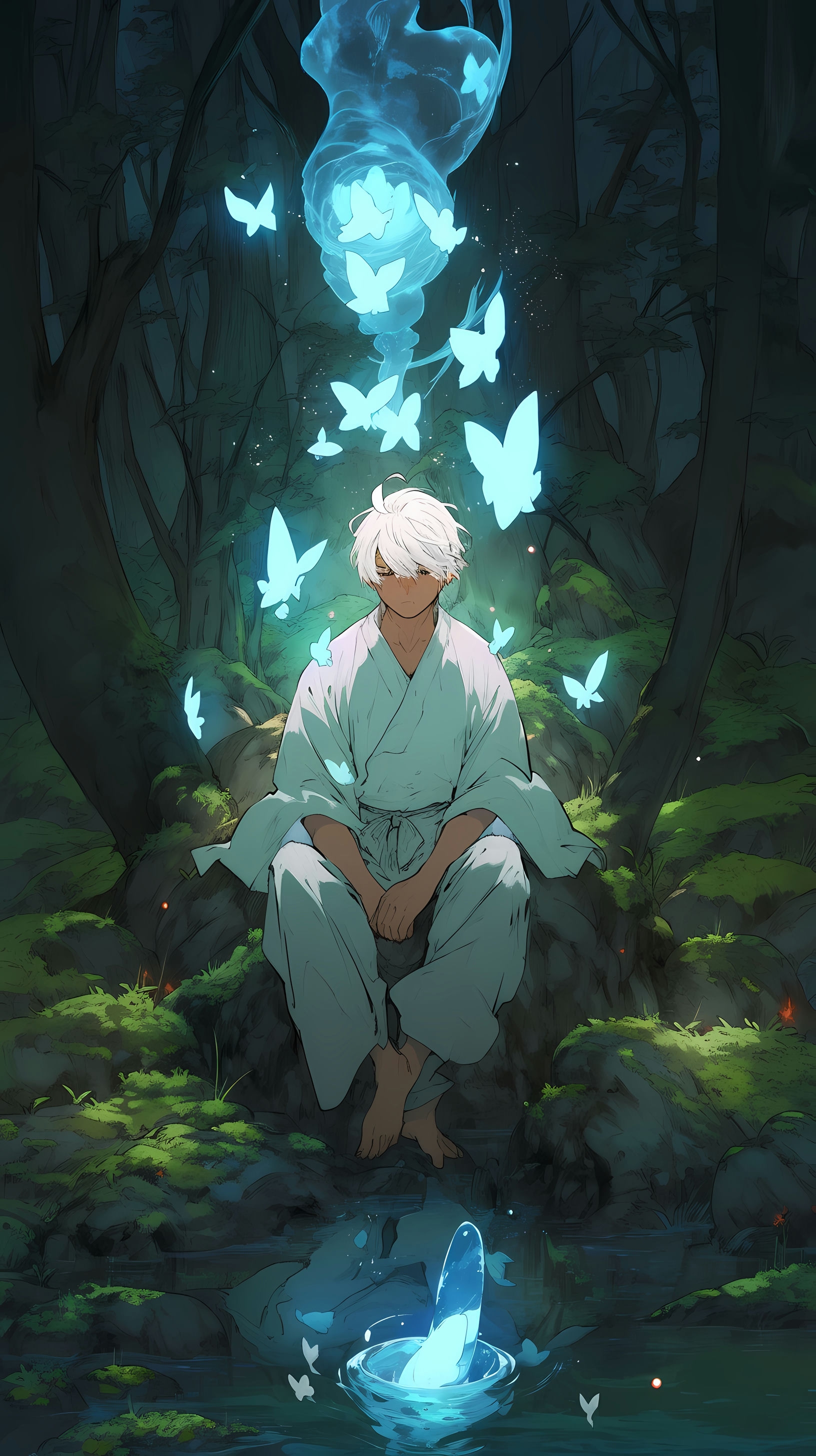 This captivating anime wallpaper depicts a serene and mystical scene