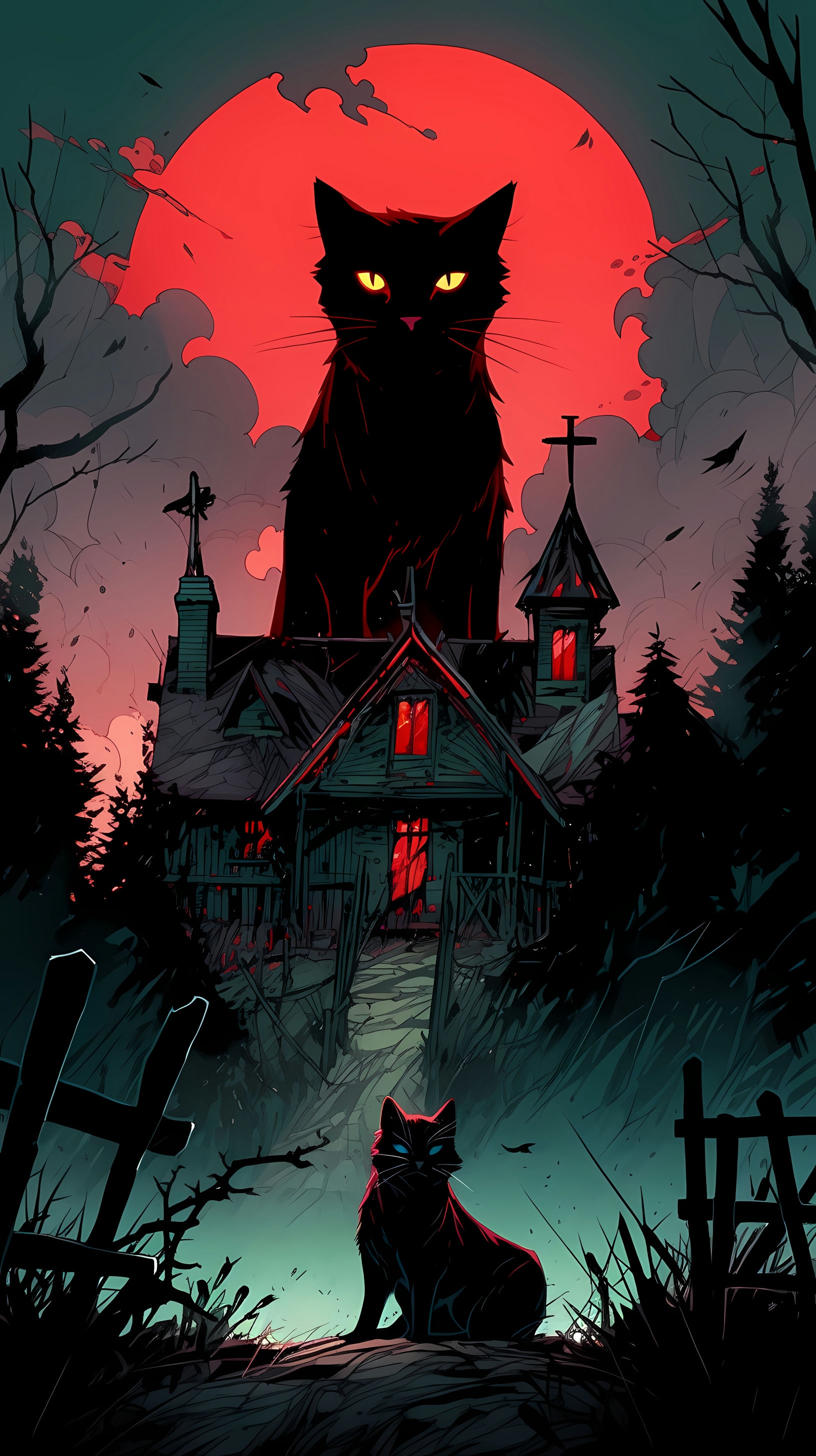 This anime wallpaper captures a hauntingly beautiful scene set against a dark, eerie backdrop