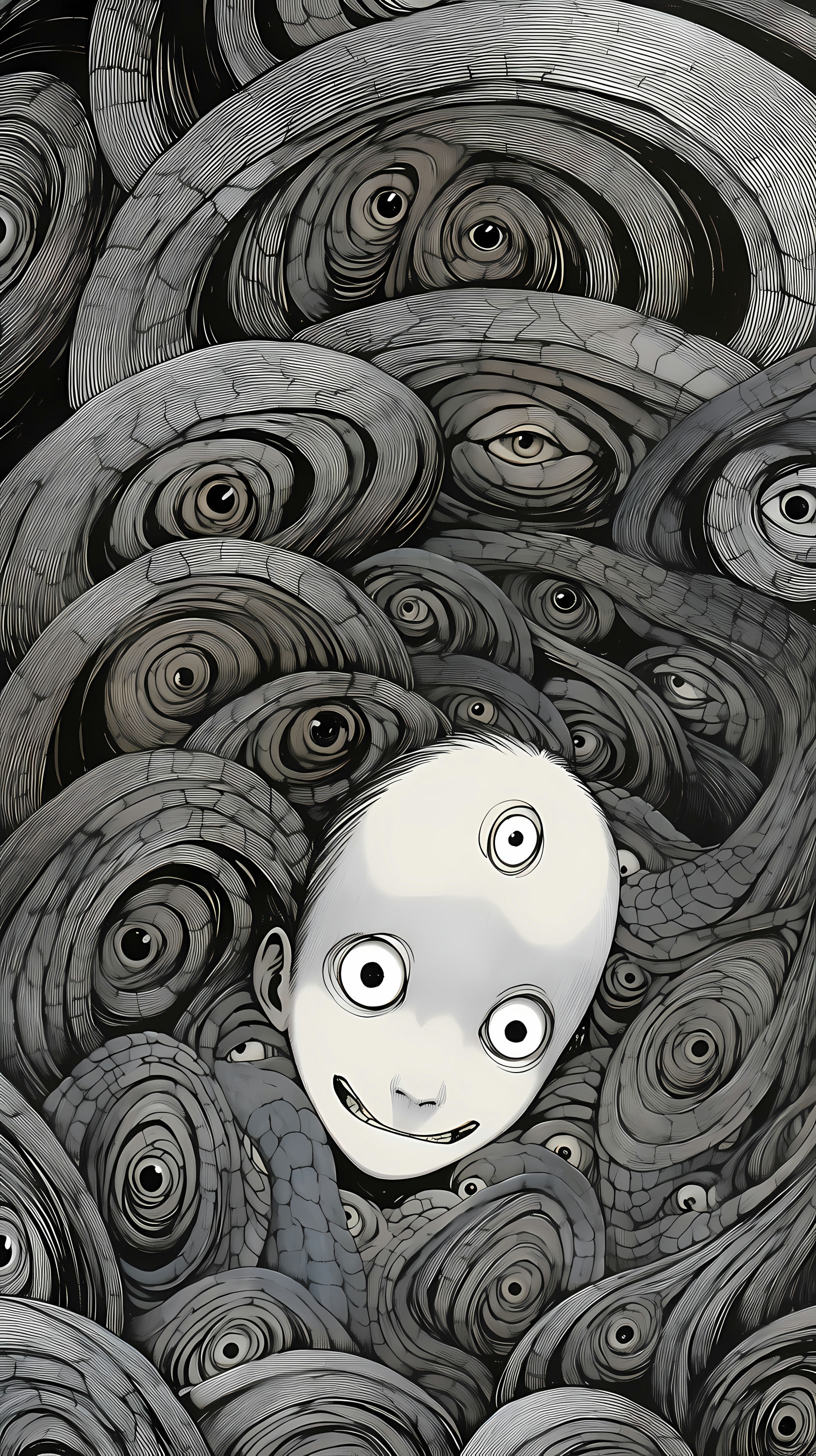 This striking anime wallpaper features a mesmerizing pattern of hypnotic spirals, creating a sense of depth and movement