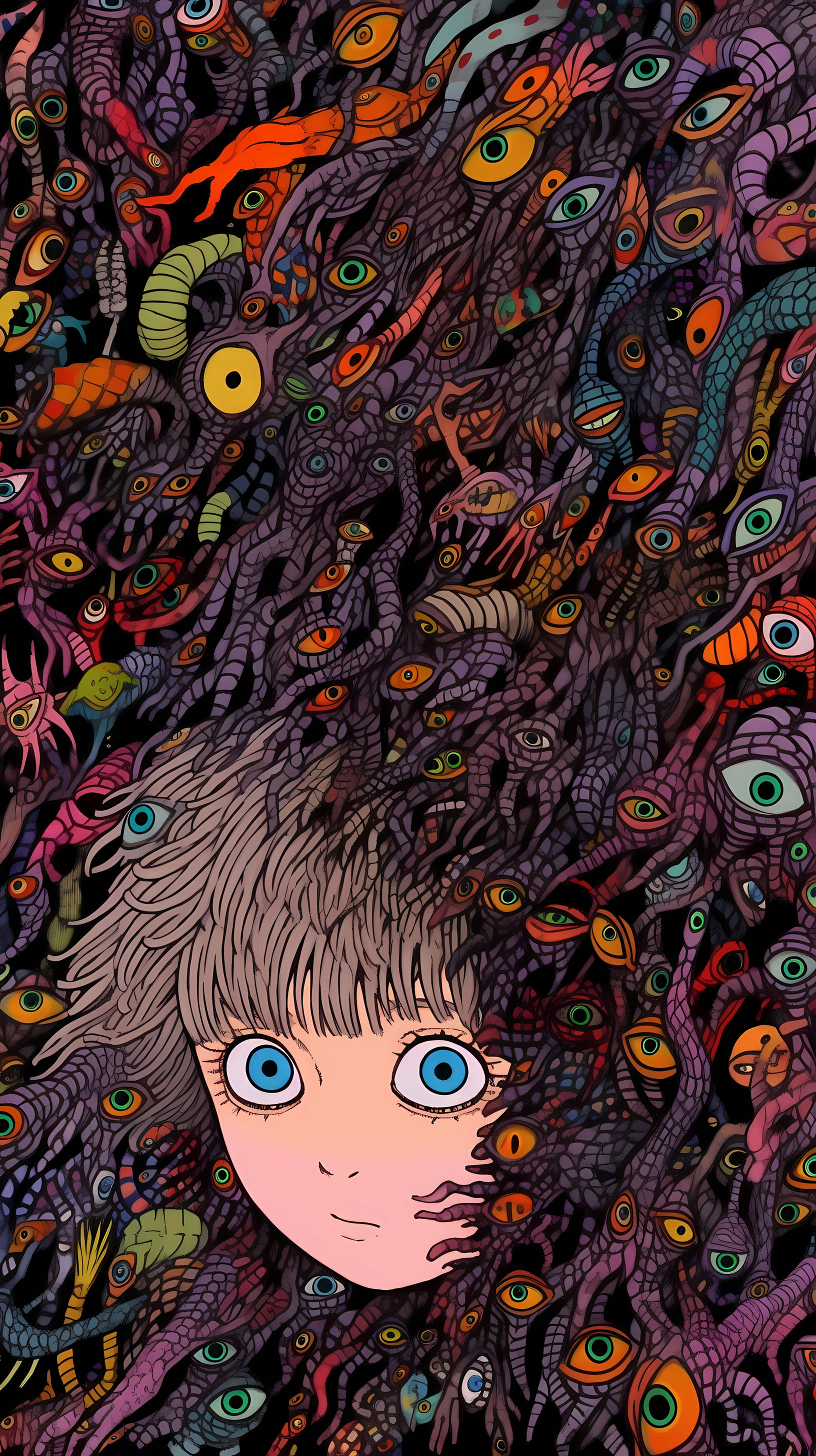 This anime wallpaper features a mesmerizing and surreal depiction of a young character with striking blue eyes, surrounded by an intricate and hypnotic pattern of spirals and eyes