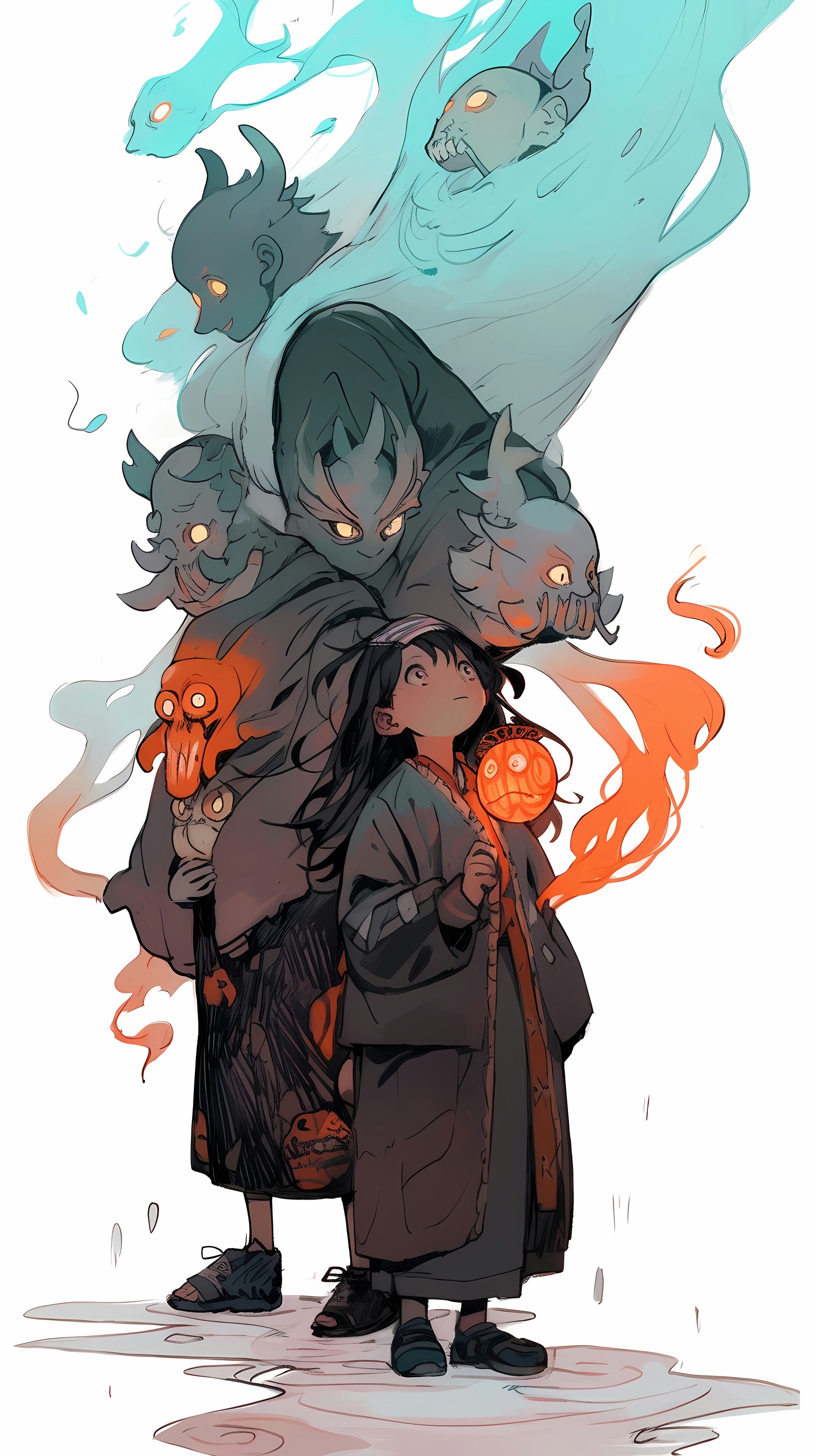 This anime wallpaper captures a whimsical and eerie scene featuring a group of ghostly characters