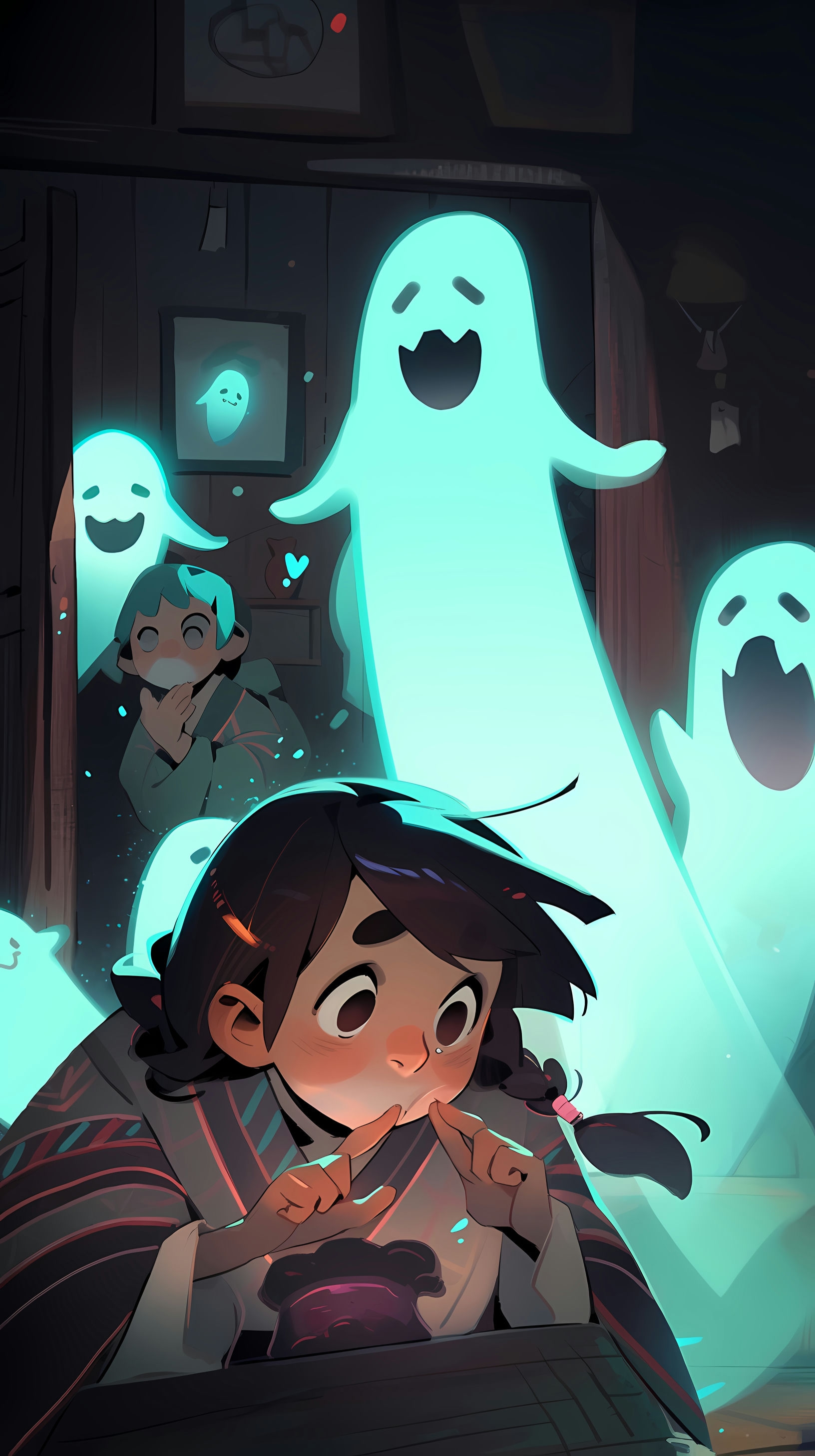 This anime wallpaper captures a whimsical and spooky scene featuring a young girl engrossed in reading a book