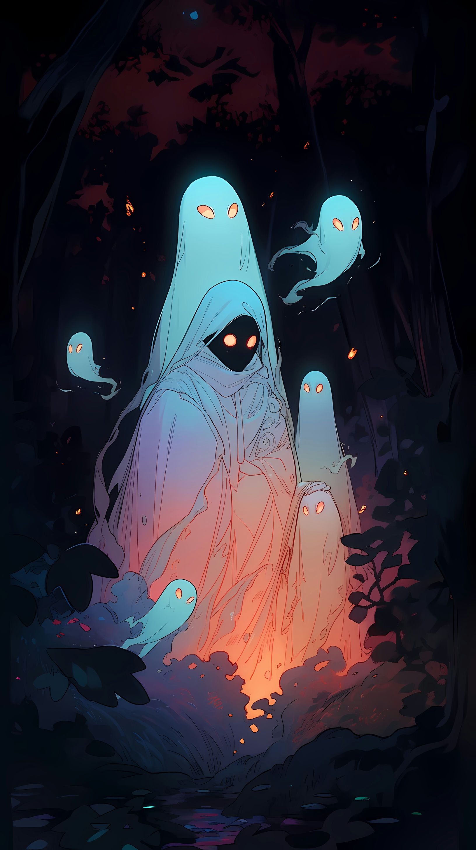 This anime wallpaper features a whimsical and eerie scene with a group of ghostly figures