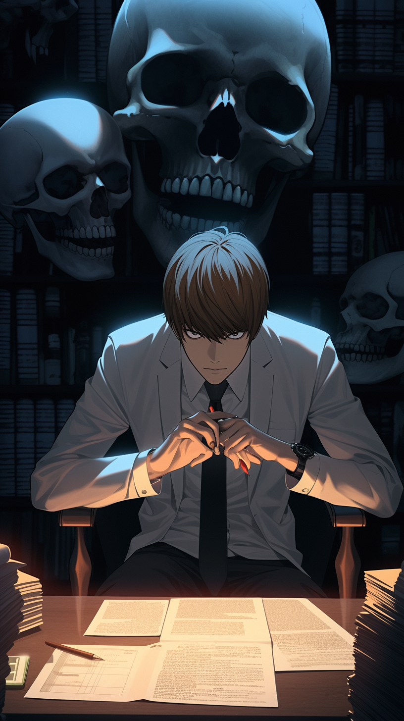 This captivating anime wallpaper features a young man with glasses, dressed in a formal shirt and tie, sitting at a table surrounded by stacks of paper