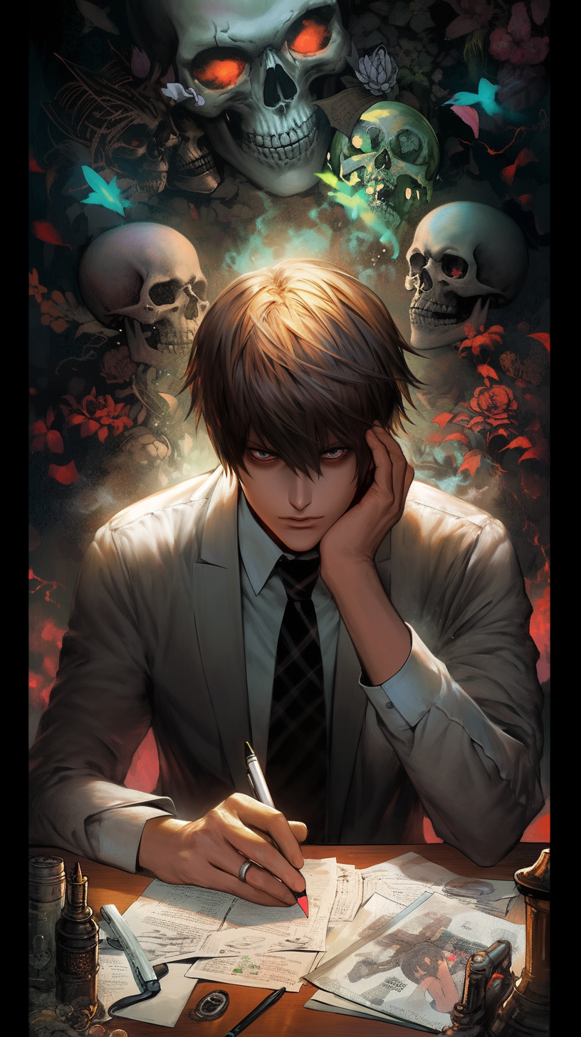 This captivating anime wallpaper features Light Yagami, the protagonist from the thrilling series 'Death Note