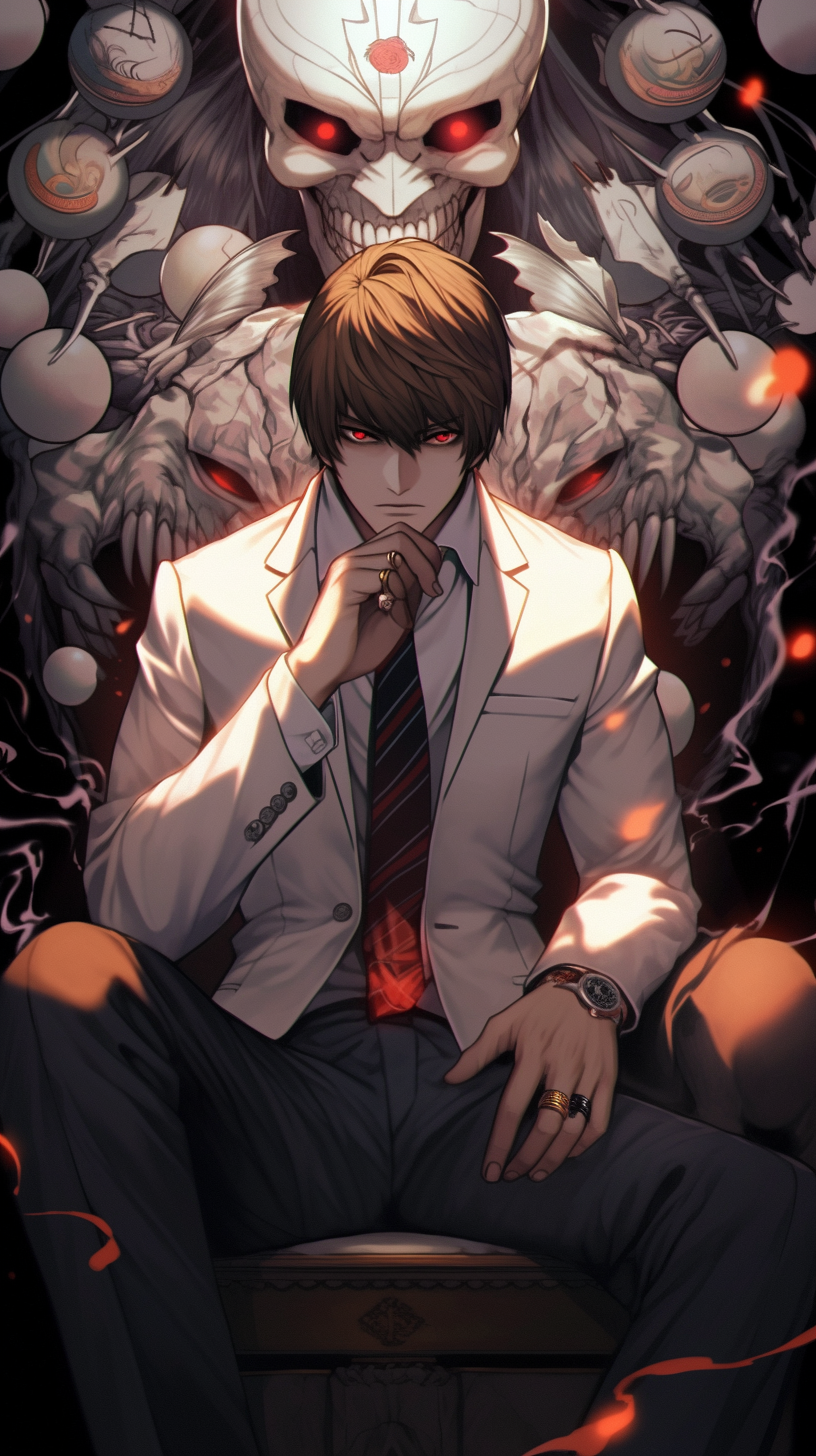This anime wallpaper features a mysterious young man with short brown hair, dressed in a crisp white shirt and a dark tie, sitting amidst a hauntingly eerie backdrop
