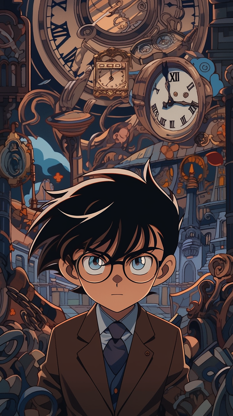 This anime wallpaper features the iconic character Shinichi Kudo, also known as Detective Conan, standing in the foreground with his signature glasses and brown suit