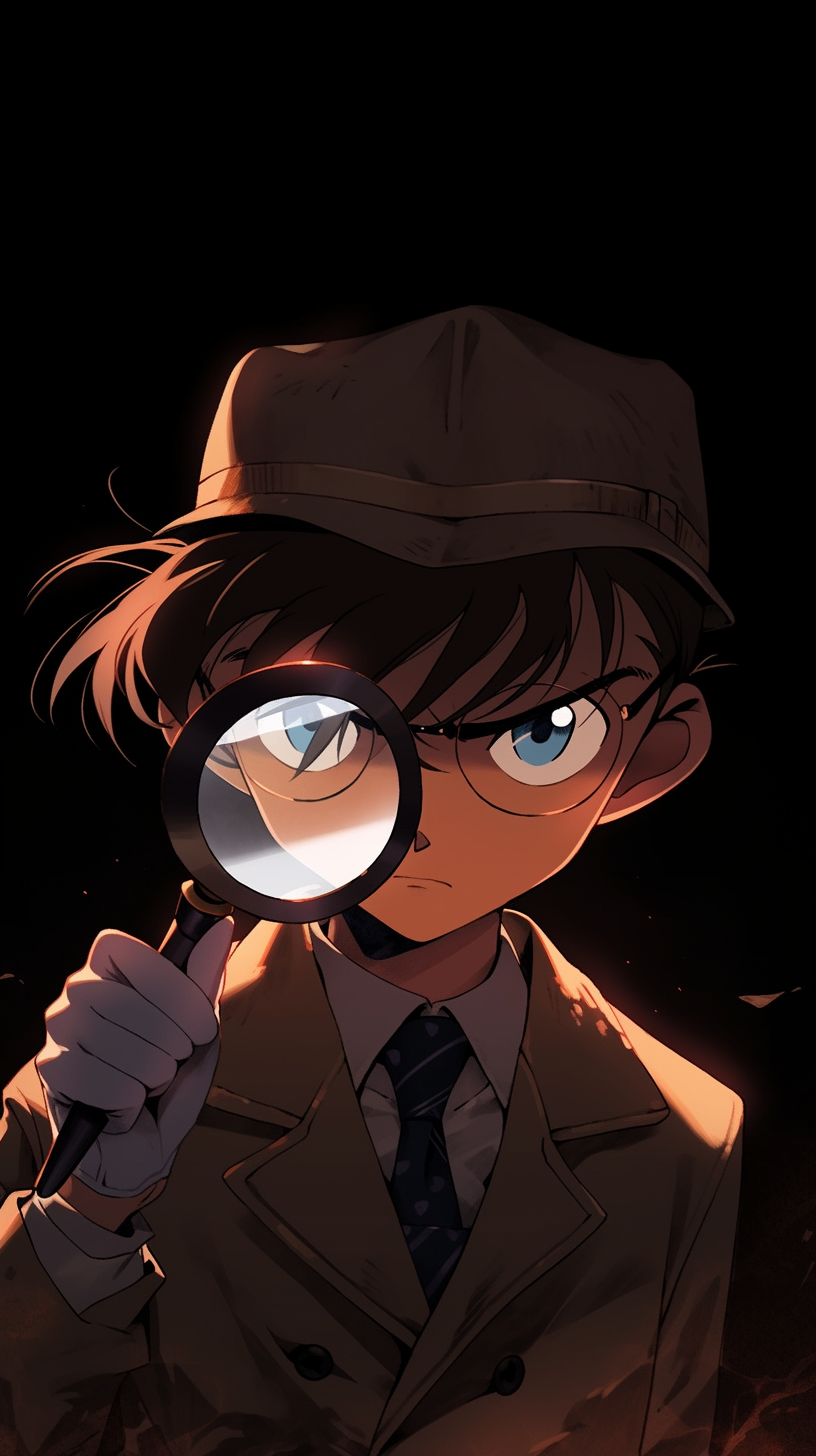 This anime wallpaper features the iconic character Shinichi Kudo, also known as Detective Conan, in a thrilling investigative pose