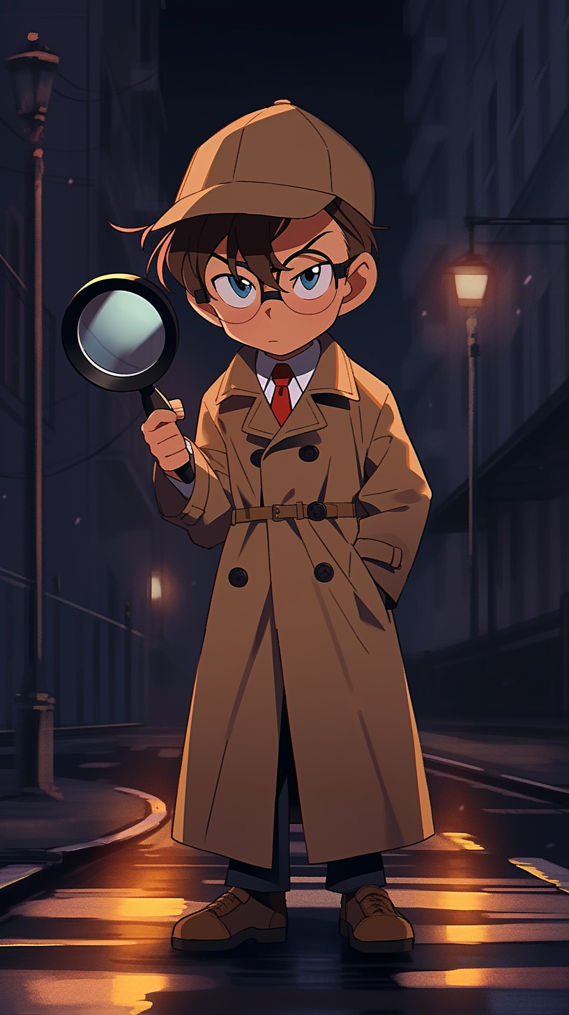 This anime wallpaper features a young, curious detective standing on a dimly lit, rain-soaked street at night