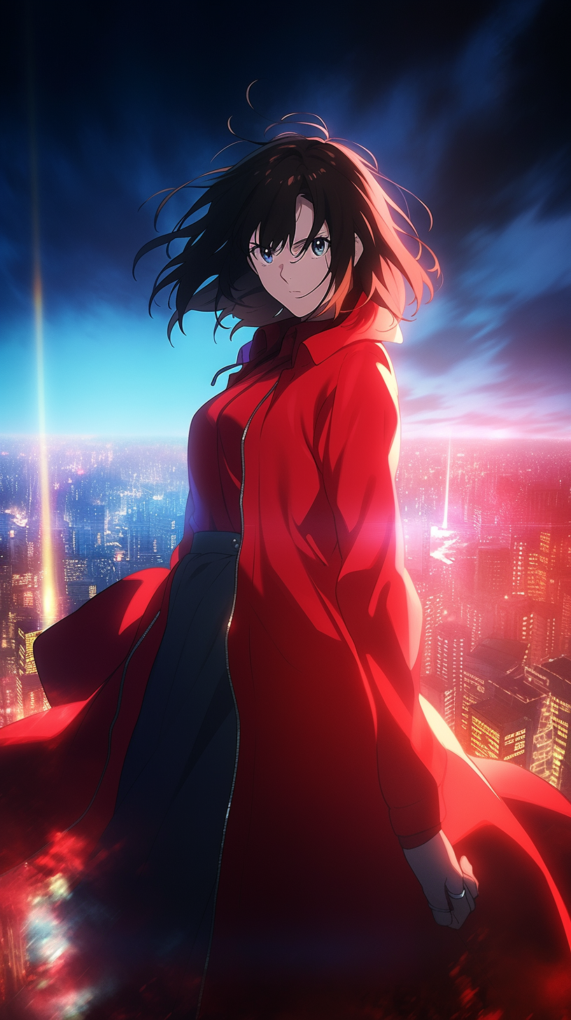 This captivating anime wallpaper features a mysterious and alluring character standing against a dramatic cityscape backdrop