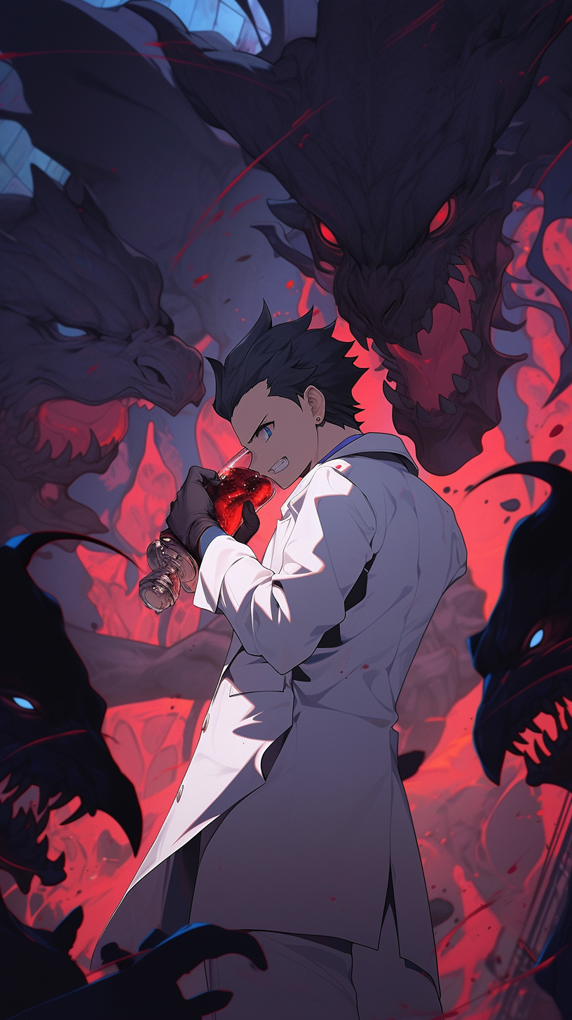 This anime wallpaper captures a dramatic and intense scene featuring a mysterious figure in a dark, eerie forest