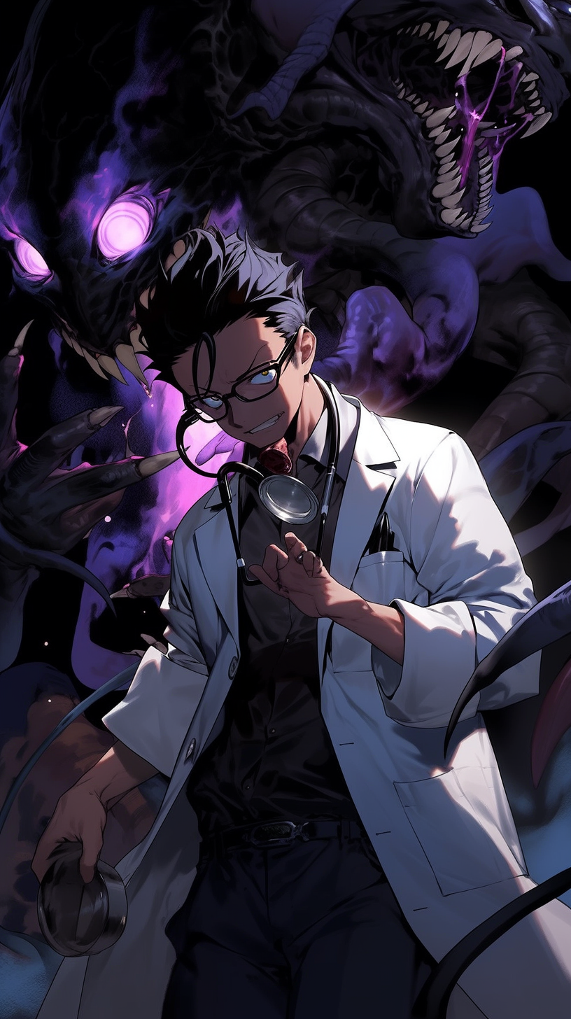 This anime wallpaper features a mysterious and intense scene with a character dressed in a white lab coat, holding a sinister-looking object