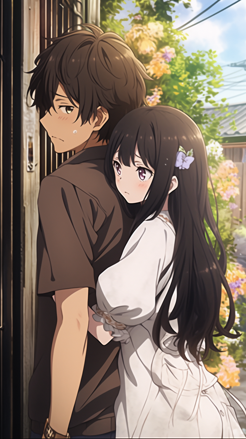 This anime wallpaper features a tender moment between two characters from the Hyouka series