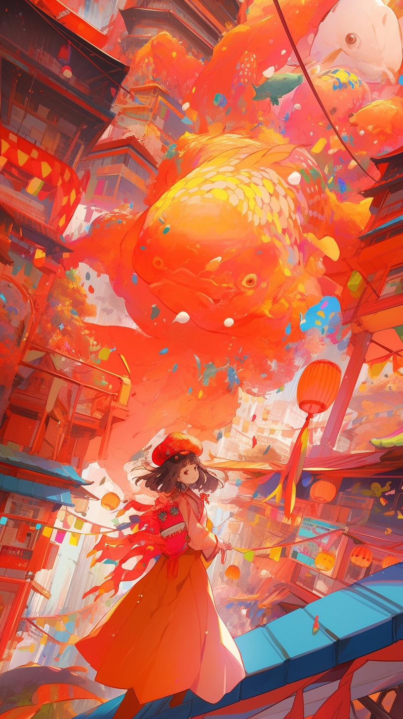 This anime wallpaper captures the essence of a surreal dreamscape, featuring a young girl in a vibrant red dress standing amidst a whirlwind of colors and shapes