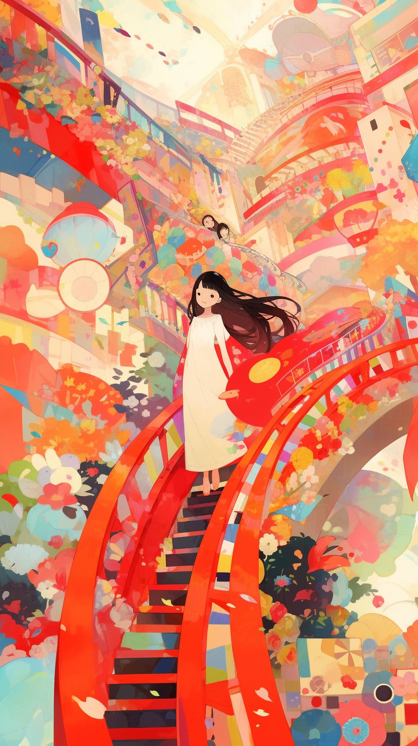 This anime wallpaper captures a surreal and vibrant dreamscape, featuring a young girl with long hair descending a striking red spiral staircase