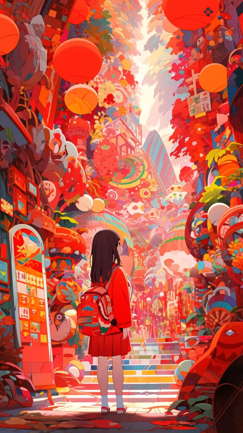 This anime wallpaper captures a surreal and vibrant scene featuring a young girl standing amidst a whimsical landscape