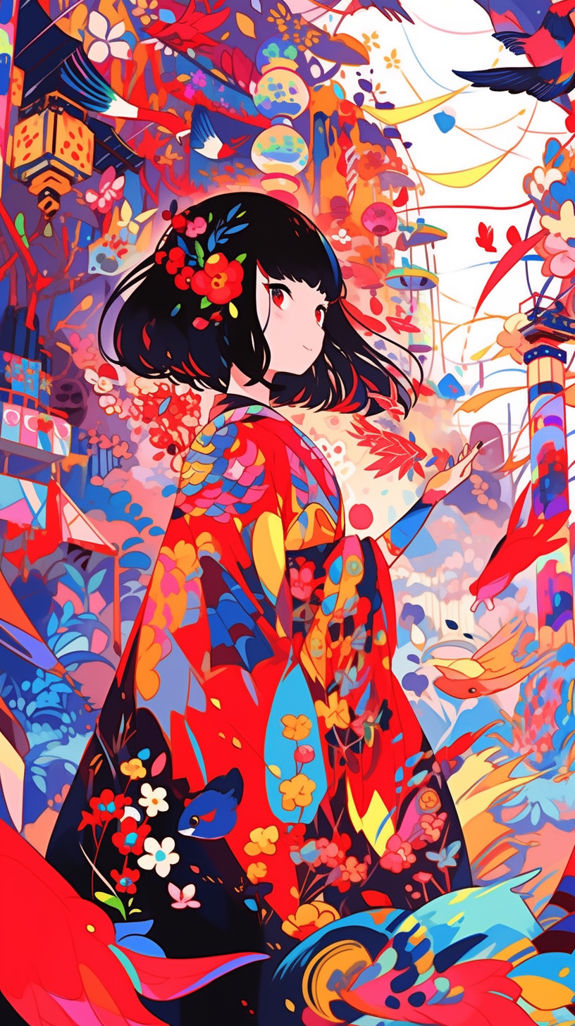 This anime wallpaper depicts a surreal dreamscape featuring a young woman in a vibrant red kimono adorned with colorful floral patterns