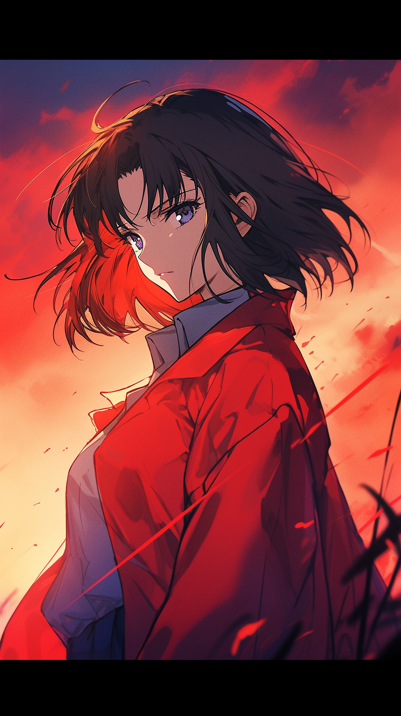This anime wallpaper features a mysterious and enigmatic character set against a dramatic, fiery sunset