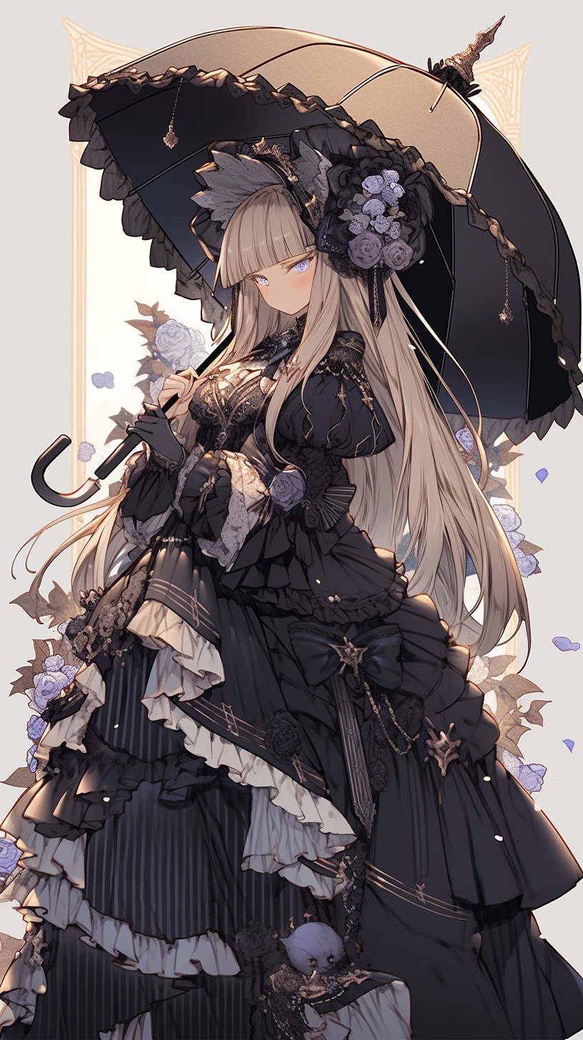 This enchanting anime wallpaper features a captivating character, Victorique, elegantly dressed in a sophisticated black Victorian gown adorned with intricate lace and floral details