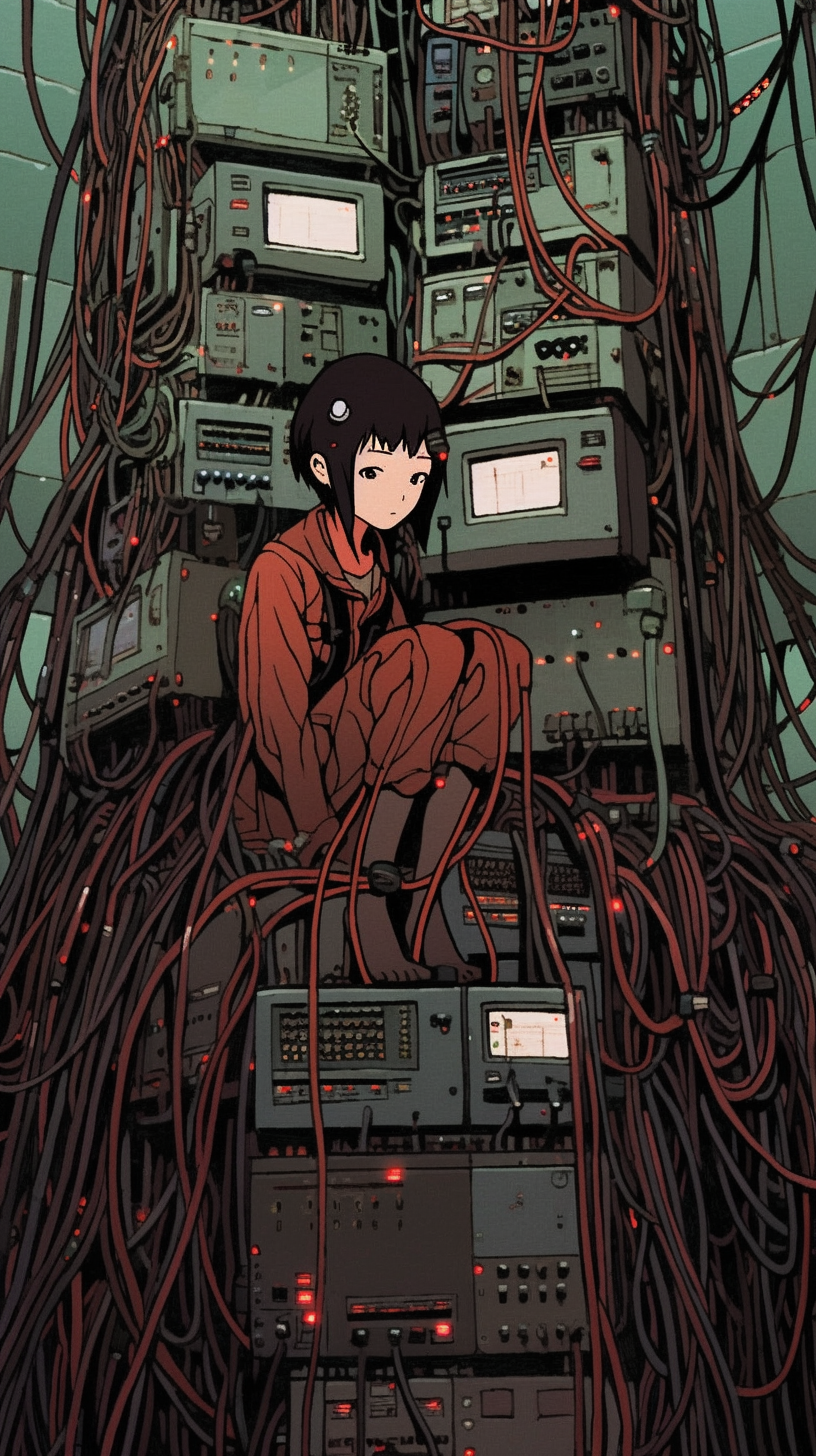 This captivating anime wallpaper depicts a young girl, Lain, surrounded by a complex network of computers and wires