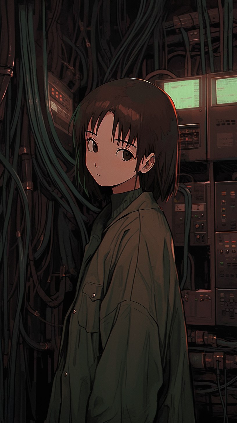 This anime wallpaper features a captivating image of Lain from the series 'Serial Experiments Lain