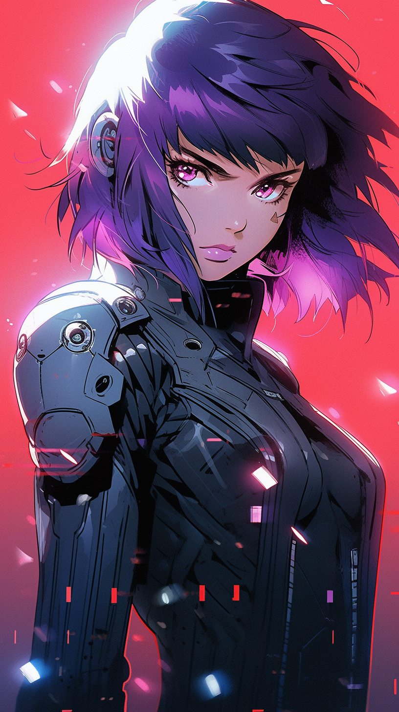 This captivating anime wallpaper showcases a striking character from the iconic 'Ghost in the Shell' franchise